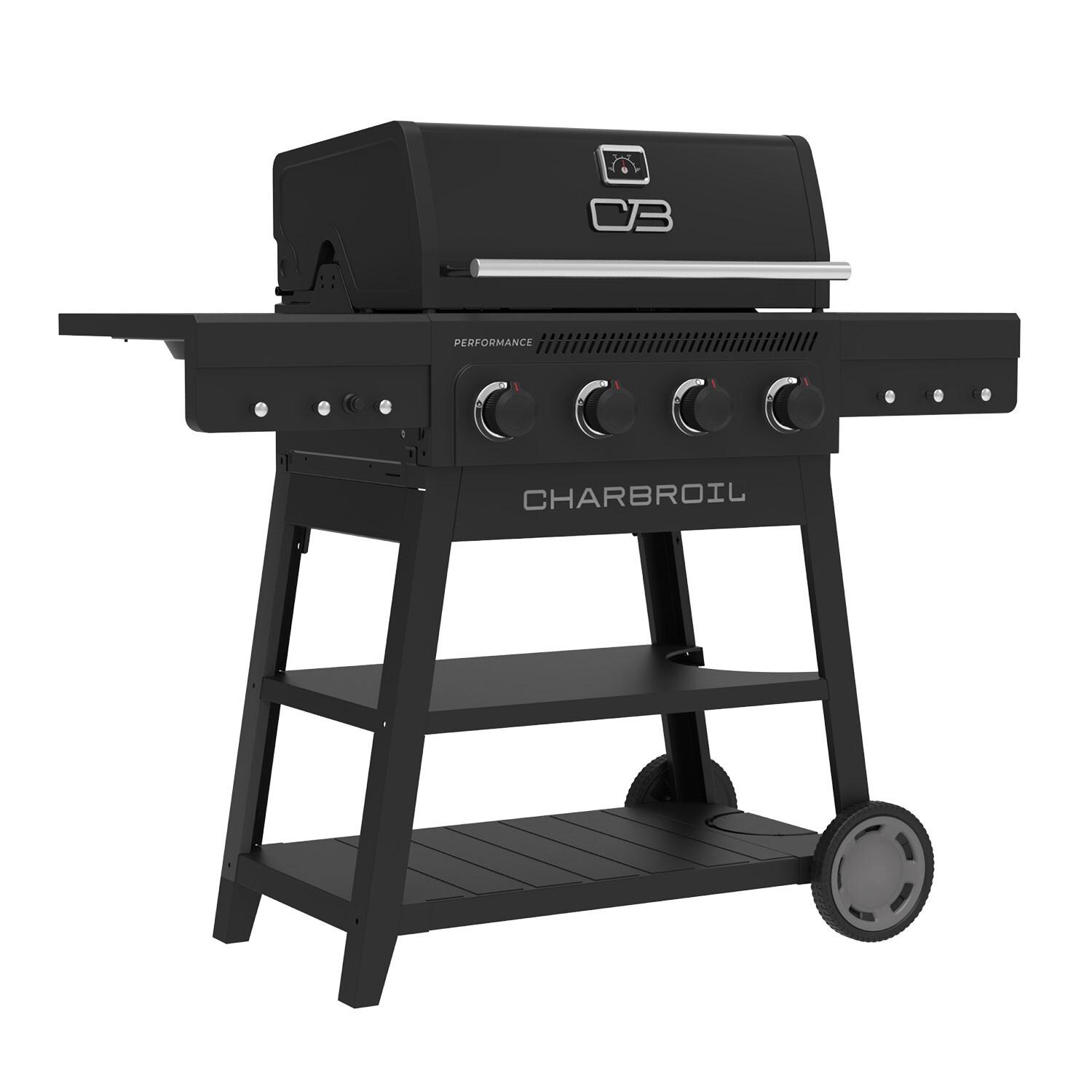 Charbroil 463348825 Performance Series 4-Burner Propane Grill A-Frame Cart - Black & Stainless Steel - Angled Right - White Background thumbnail