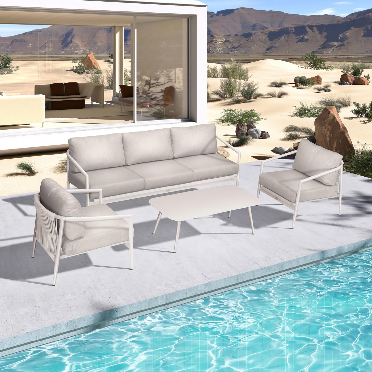 Lakeview Midnight Cove 4 Pc Aluminum Sofa Seating Set in Urban Stone/Carrera/Cast Silver - Top - Lifestyle thumbnail