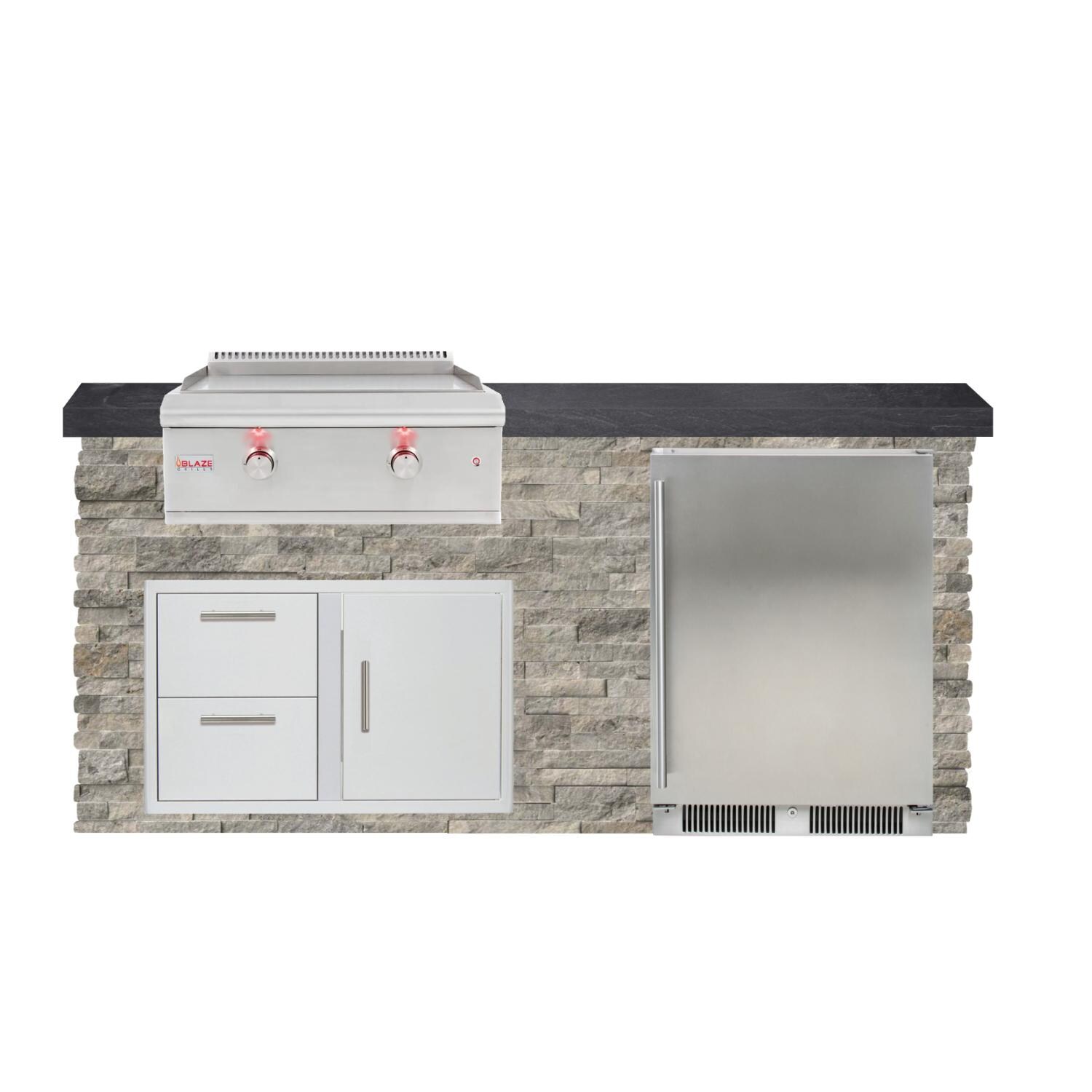 BBQGuys Signature 6ft Luxury Outdoor Island W/ Blaze Premium LTE 30-Inch Propane Griddle & Outdoor Rated Refrigerator - Silver Travertine Stone W/ Black Polished Granite thumbnail