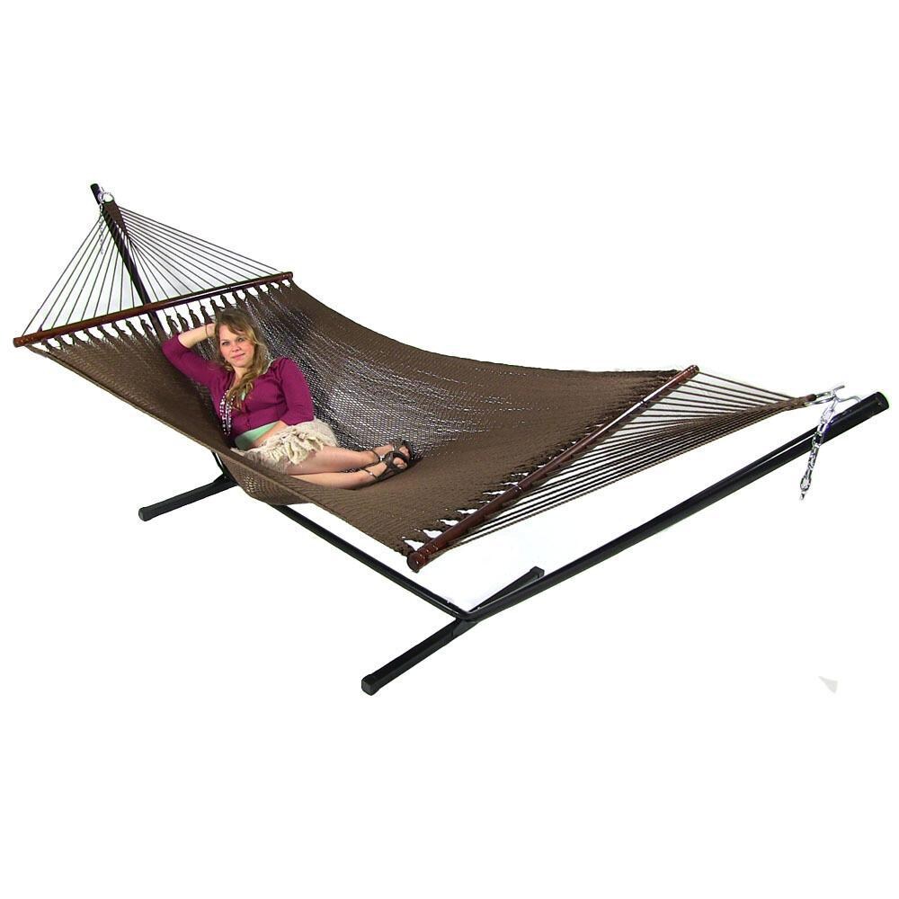 Ultimate Patio Soft-Spun Woven Rope Double Hammock w/ 15-Foot Steel Beam Stand  - Mocha - In Use thumbnail