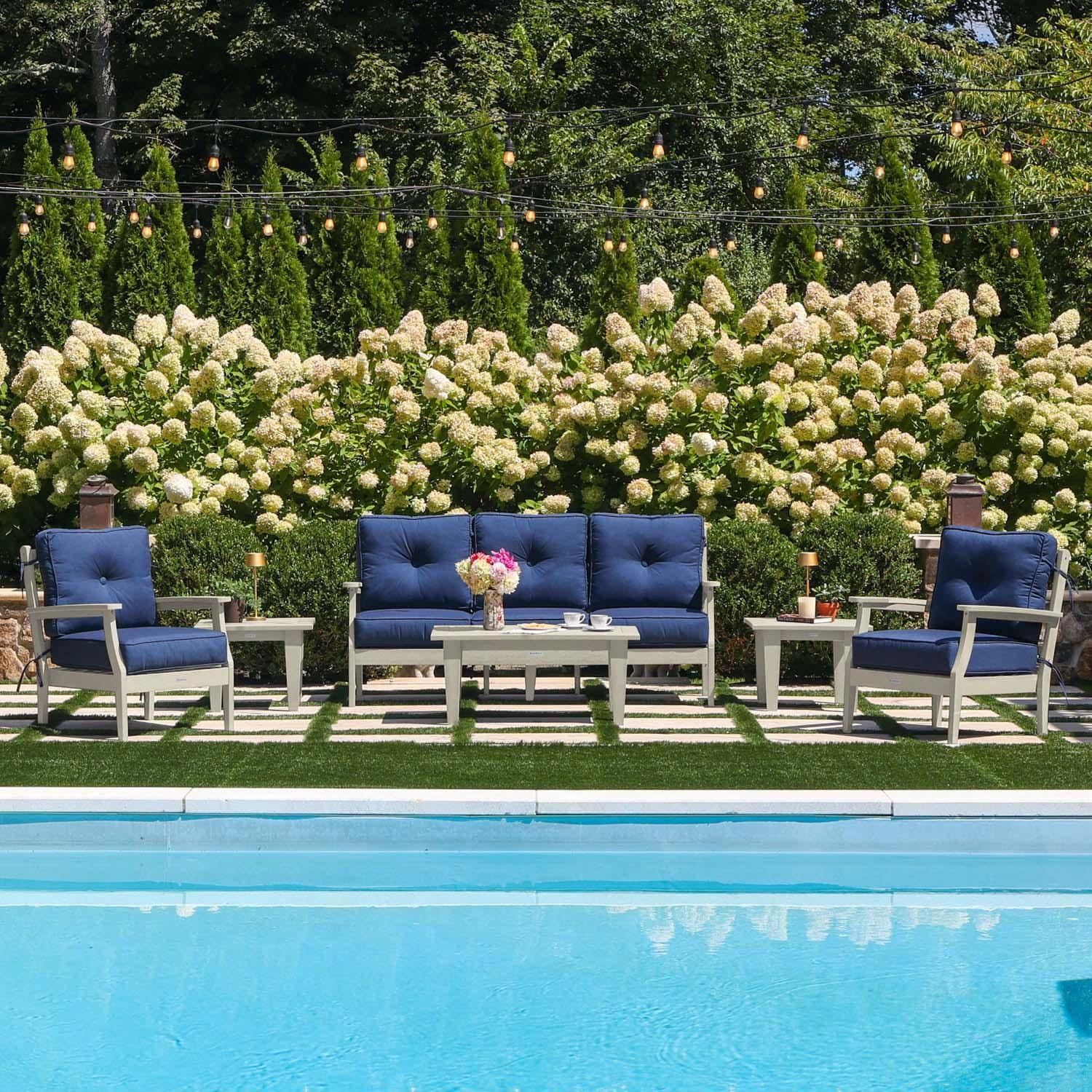 Blushing Bay 6 Pc Recycled Plastic Seating Set w/ Sofa in Spectrum Indigo/Whitewash by Lakeview Outdoor Designs - By the Pool - Lifestyle thumbnail