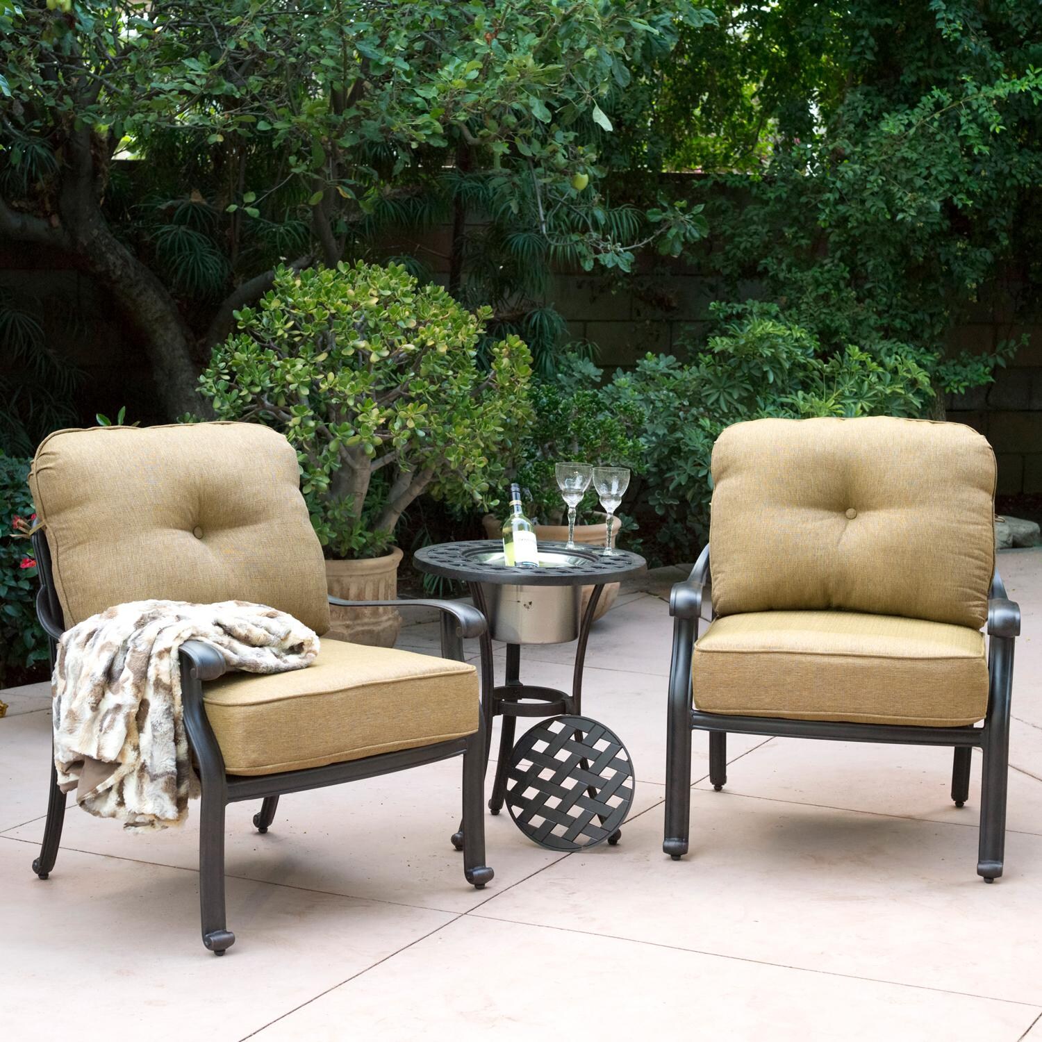 Darlee B/DL708-3PC-30RQ Elisabeth 3 Piece Cast Aluminum Patio Conversation Set W/ 21 Inch Round Ice Bucket End Table & Sesame Cushions thumbnail