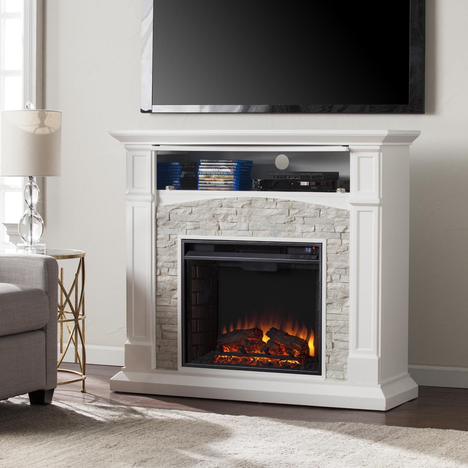 Southern Enterprises Seneca 45-Inch Electric Fireplace Mantel - Crisp White W/ Rustic White Faux Stone - FE9362 - Media Shelf Open thumbnail