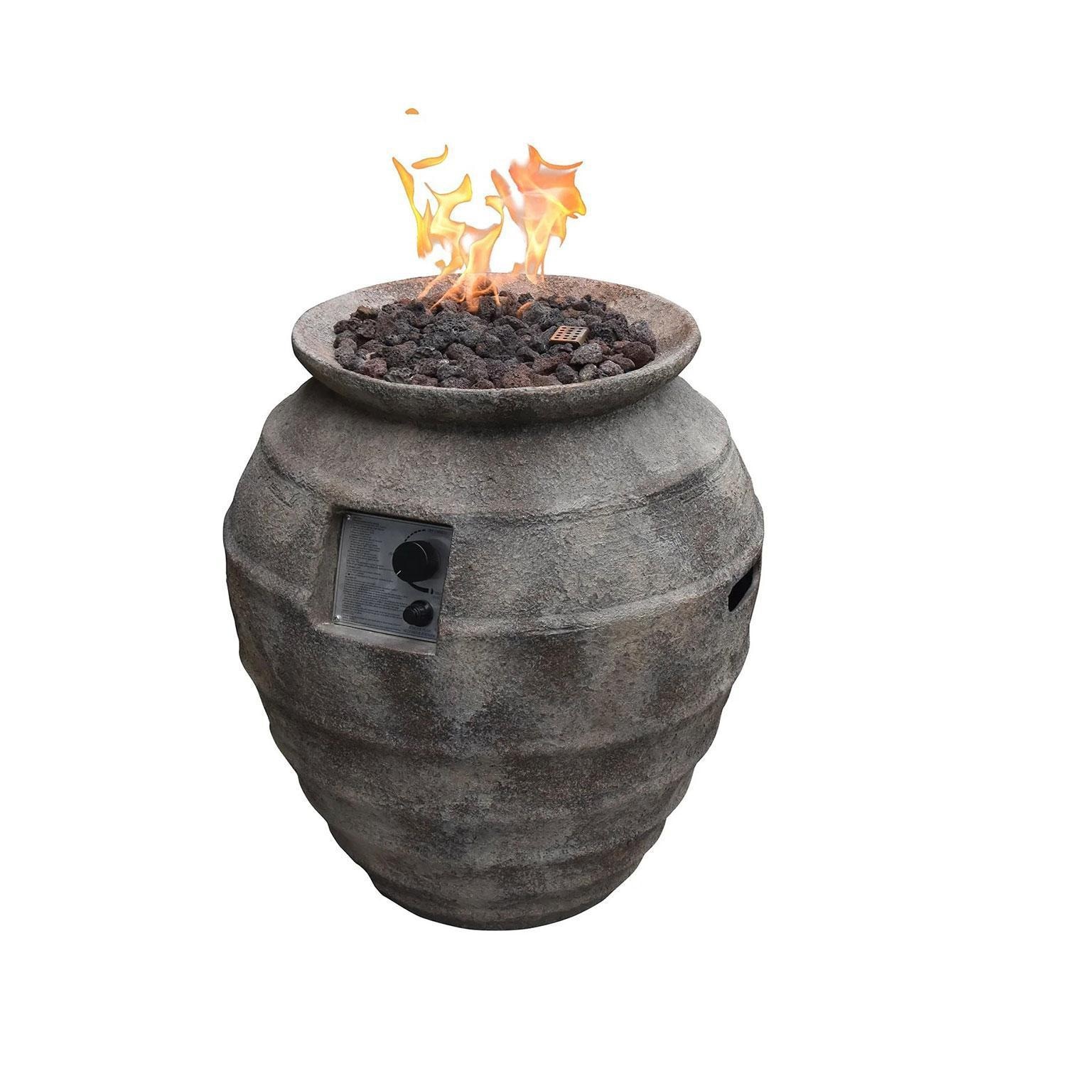 Elementi Pompeii 23-Inch Round Propane Fire Pit - Beige - OFG609-LP - Fire Pit Lit - White Background thumbnail