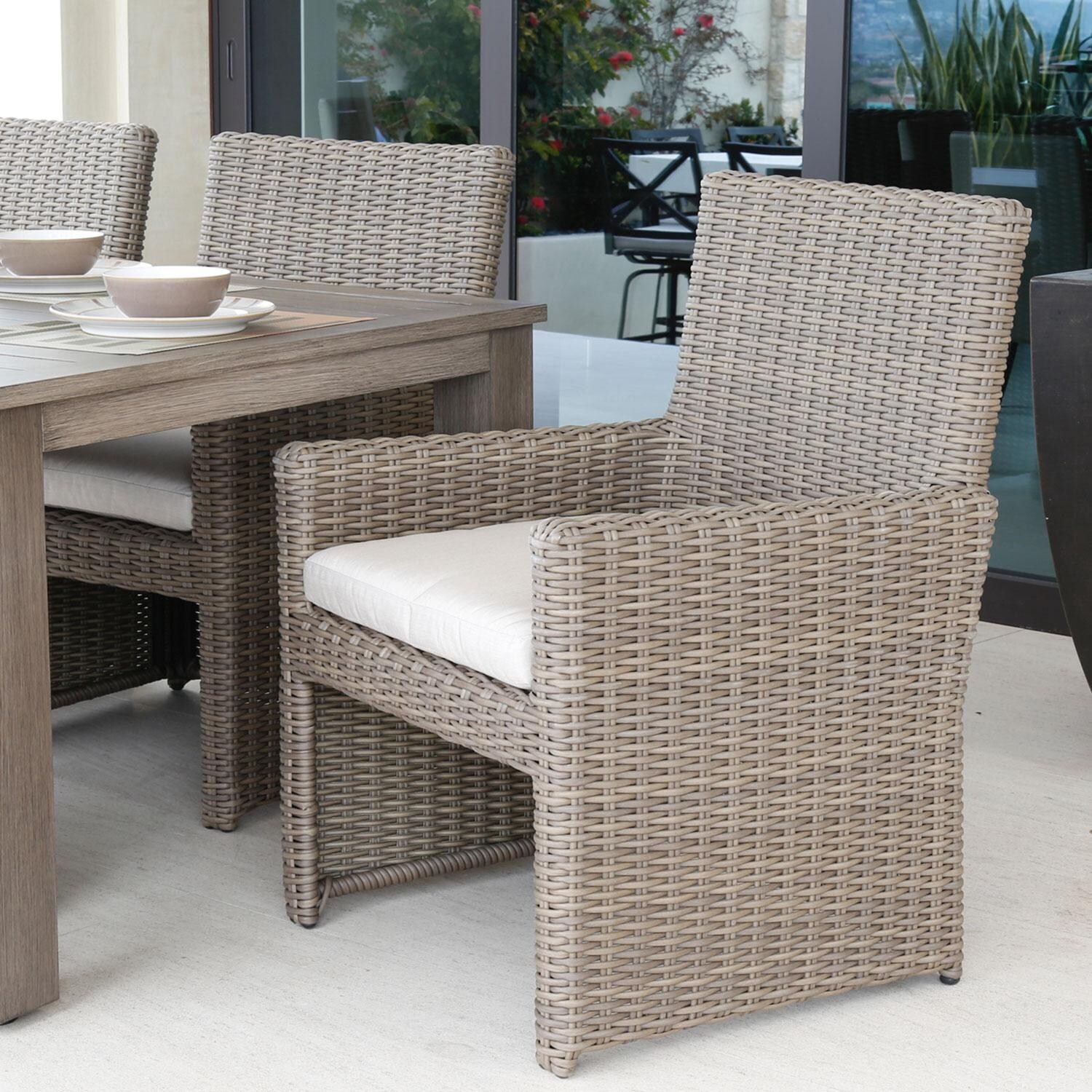 Coronado Wicker Patio Dining Side Chair W/ Sunbrella Canvas Flax Cushion By Sunset West - W/ Dining Set - Lifestyle thumbnail