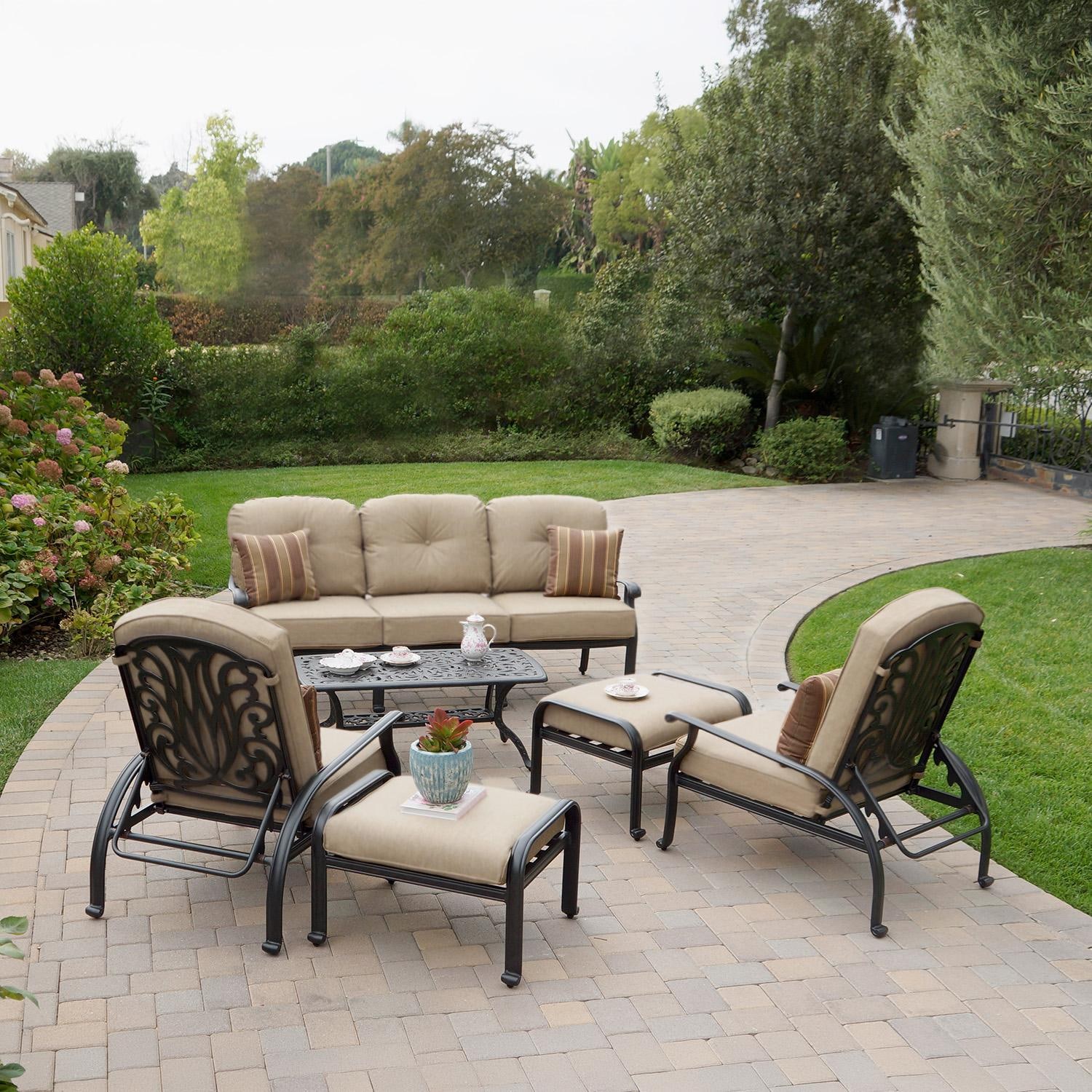 Elisabeth 6 Pc Cast Aluminum Seating Set w/ 42 X 21 Inch Series 80 Table & Throw Pillows in Antique Bronze/Beige by Darlee