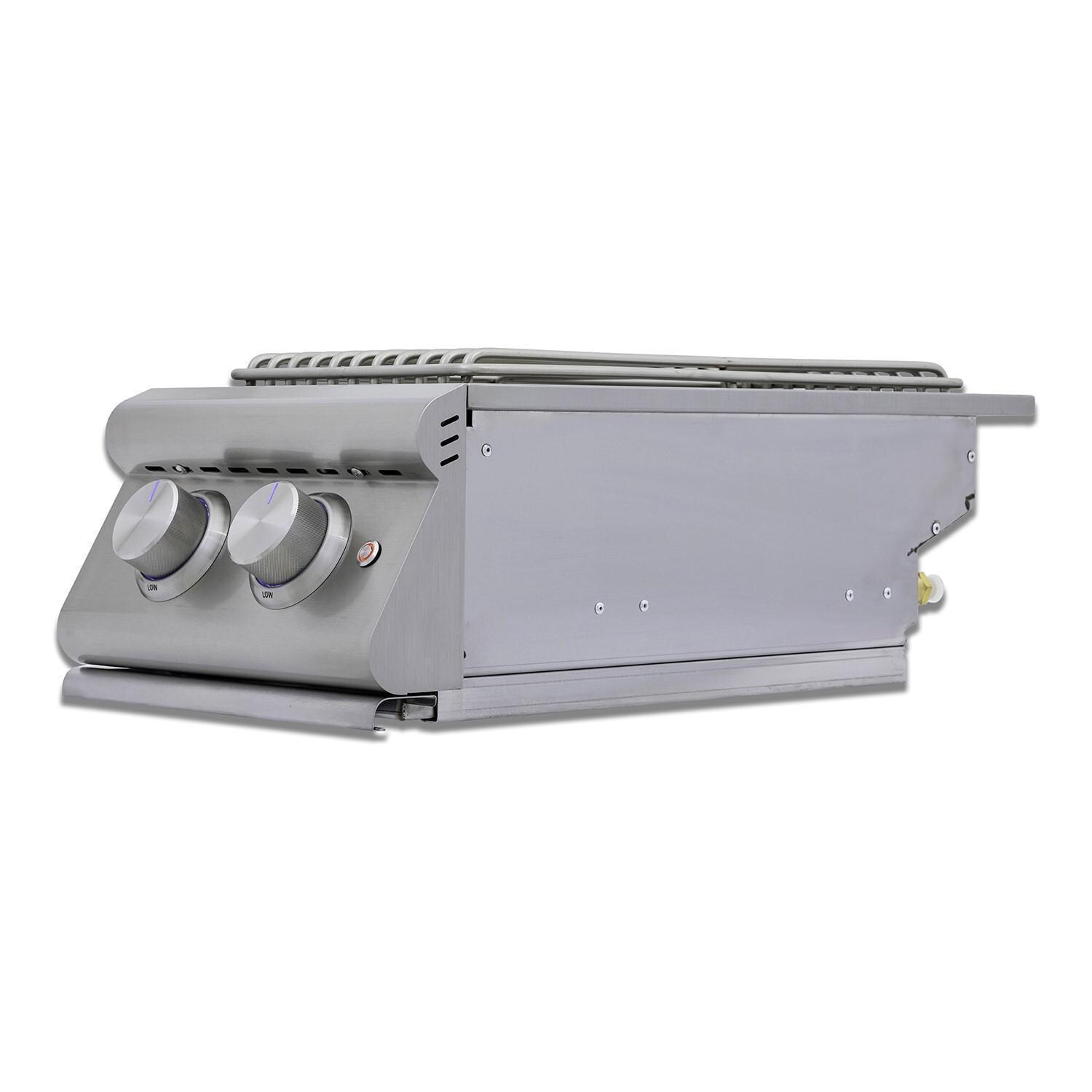 Blaze BLZ-SB2-LTE3-NG Premium LTE+ Natural Gas Stainless Steel Double Side Burner With Lid - Wide Angle Without Lid - White Background thumbnail