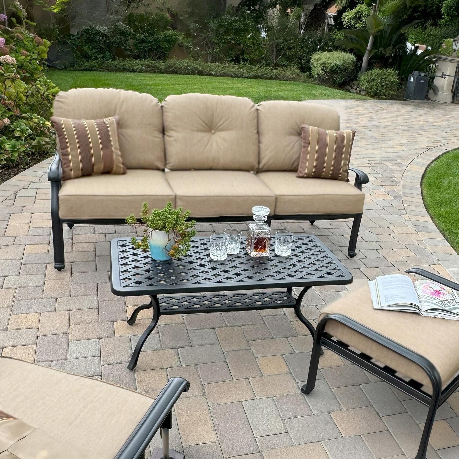 Darlee Elisabeth 6 Pc Cast Aluminum Seating Set w/ 42 X 21 Inch Table & Throw Pillows in Antique Bronze/Beige - Set Up Close - Lifestyle thumbnail