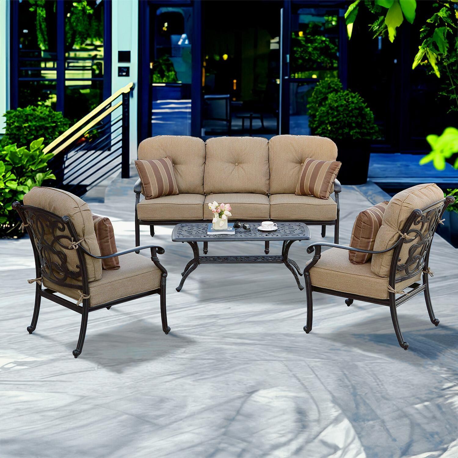 Santa Monica 4 Pc Cast Aluminum Seating Set w/ 42 X 21 Inch Series 80 Table & Throw Pillows in Antique Bronze/Sesame by Darlee
