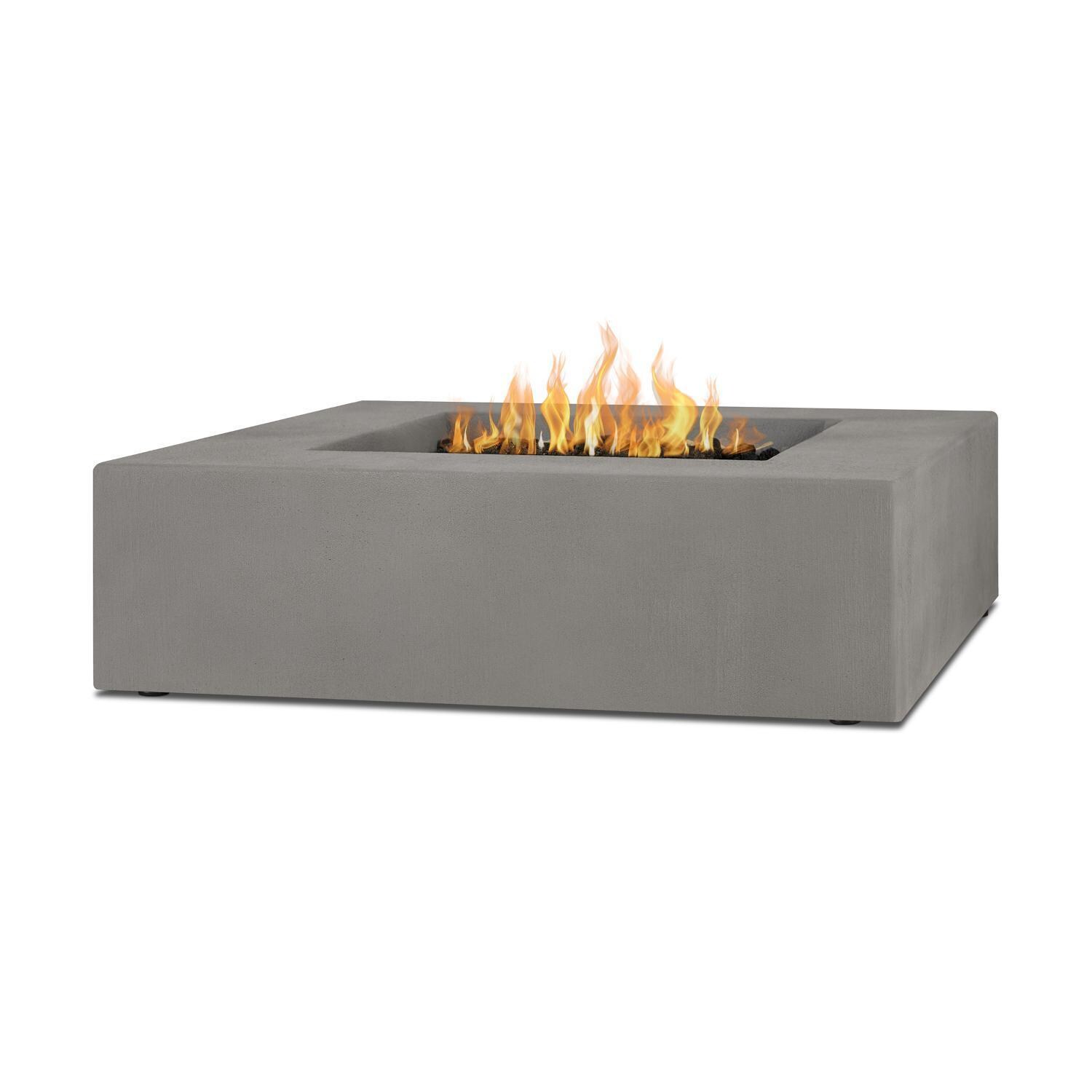 Olliewood 40 Inch Low-Profile Square Glass Fiber Reinforced Concrete Propane Fire Pit Table in Flint by BBQGuys Signature - In Use - White Background thumbnail