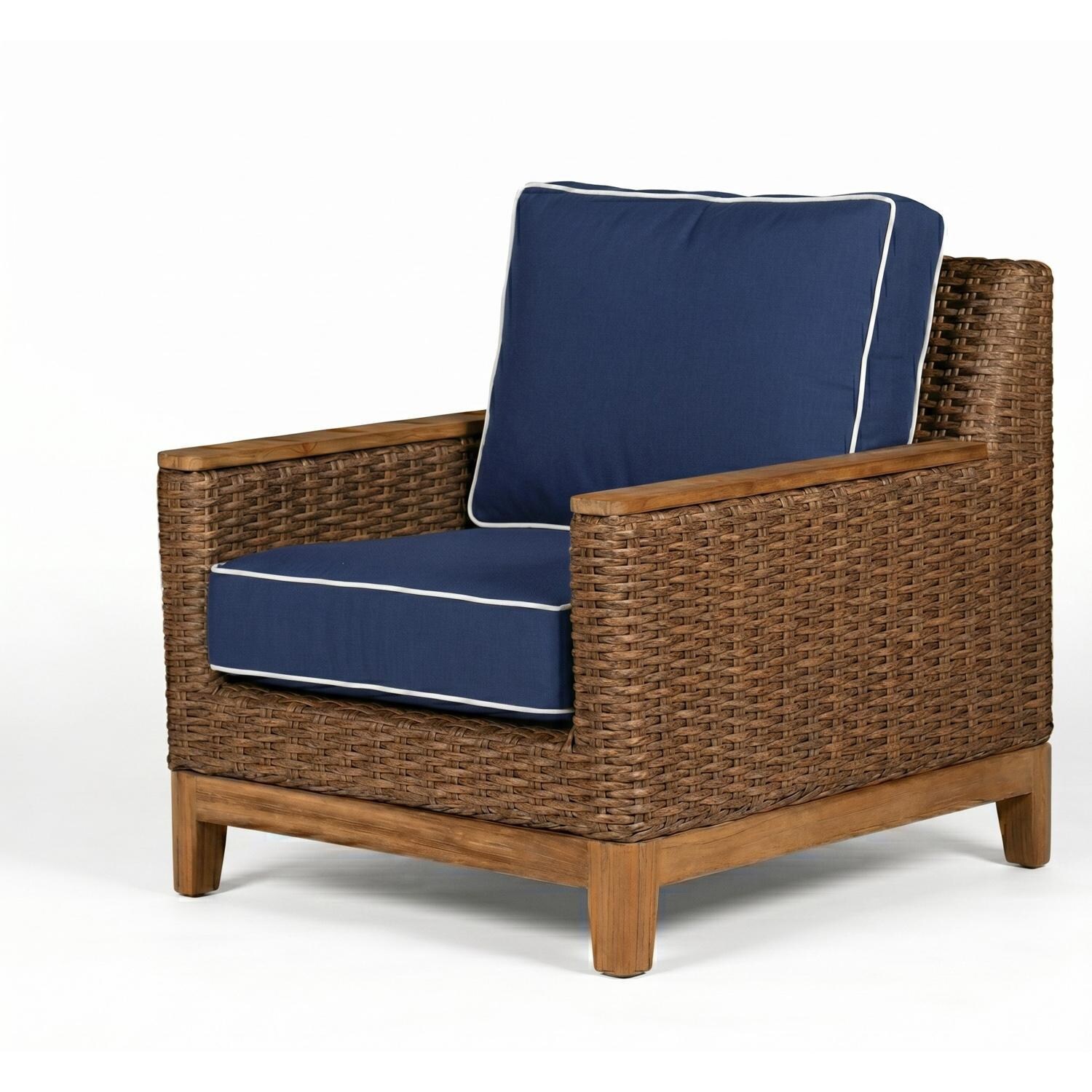 Royal Teak Collection BOCACH-H-N Boca Wicker Club Chair w/ Sunbrella Cushion in Honey/Navy w/ White Piping - Chair - White Background thumbnail