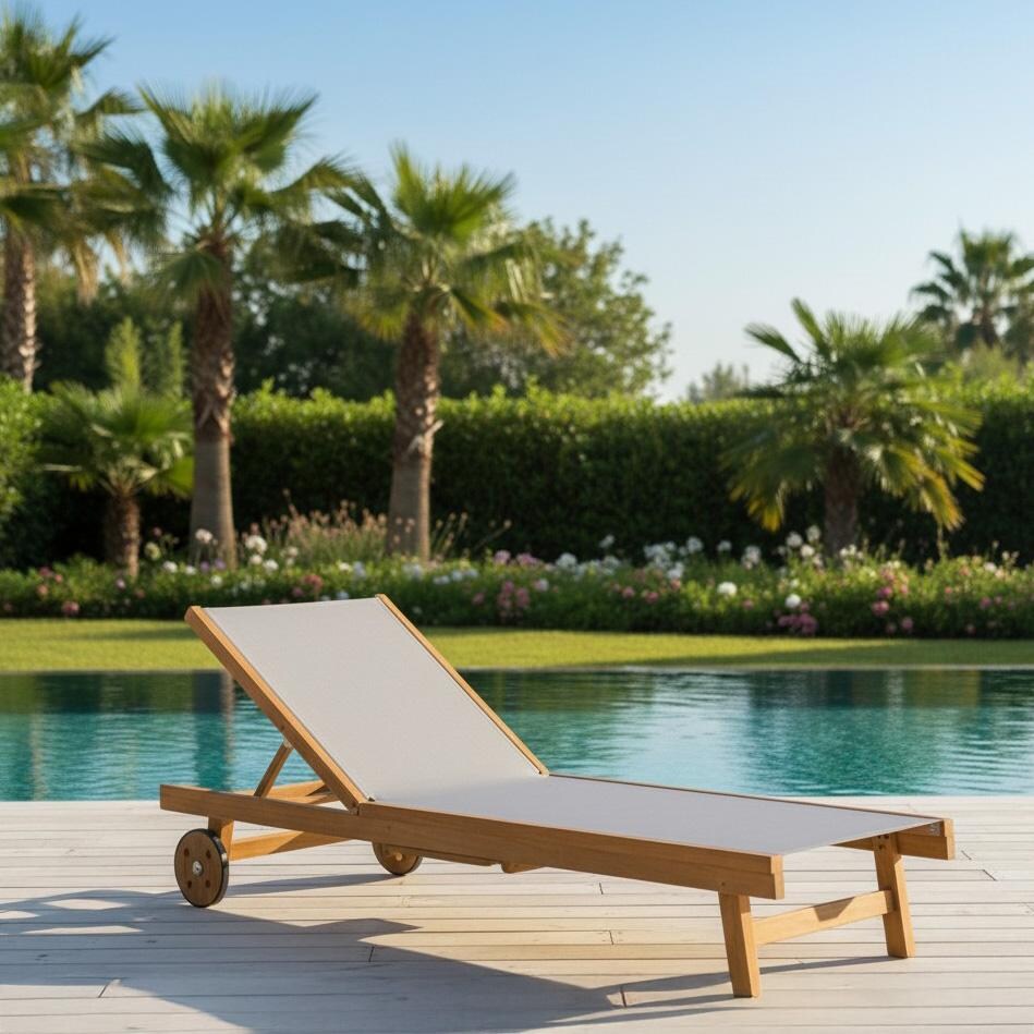 Royal Teak Collection Sundaze Teak Patio Chaise Lounge W/ Gray Sling - By the Pool - Lifestyle thumbnail