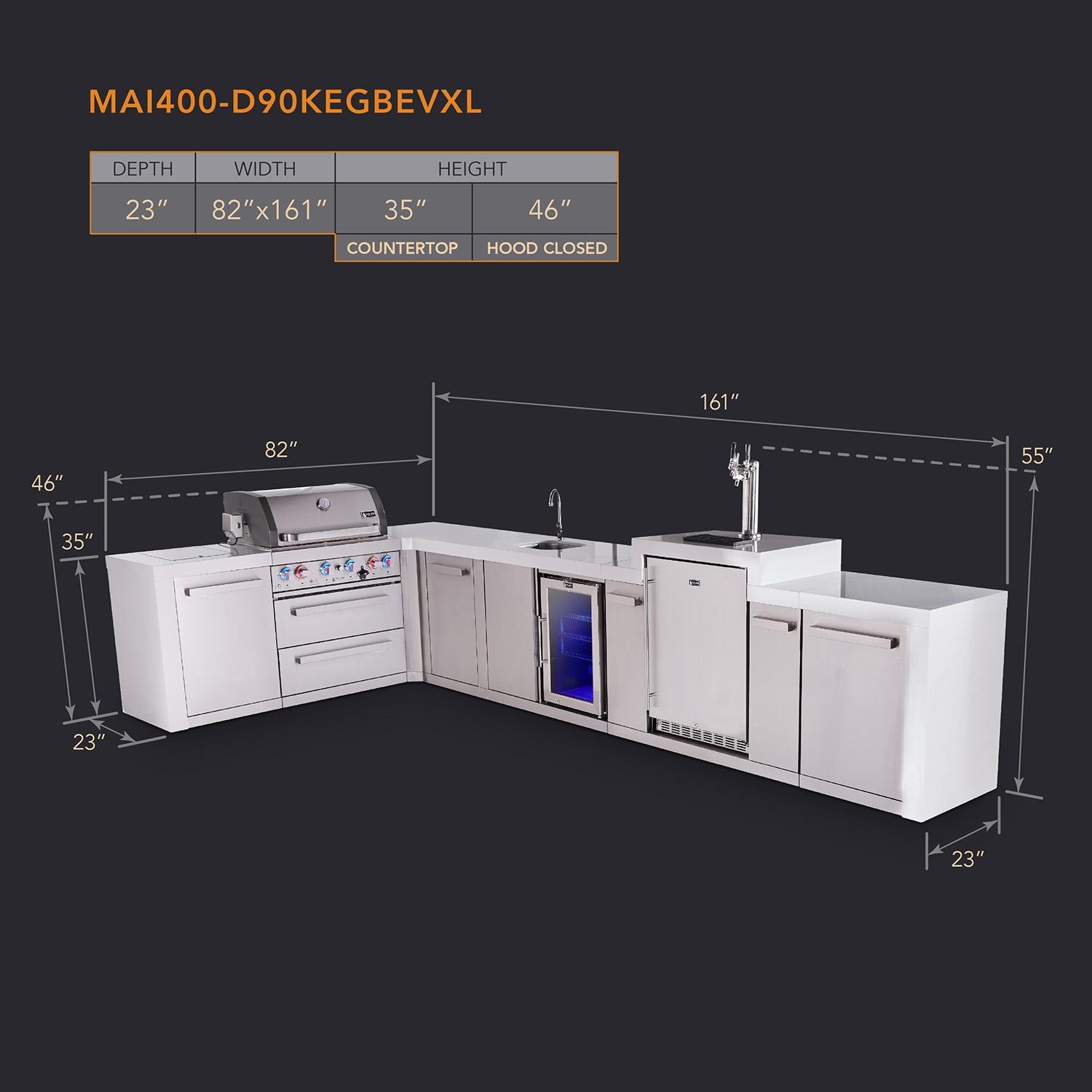 Mont Alpi Deluxe Series 13 1/2 Ft L-Shaped Natural Gas Outdoor Kitchen Island w/ 32-in Grill, Side Burner, Beverage Center, Kegerator & Extra Door (Ships Propane w/ Conversion Kit) - Dimensions - Dimensional thumbnail