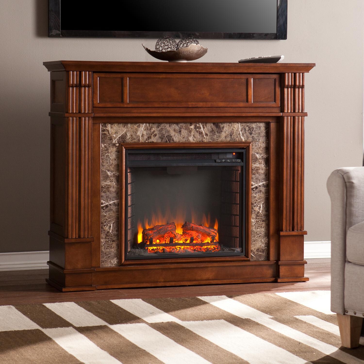 Southern Enterprises Highgate 48-Inch Electric Fireplace Mantel W/ Infrared Heater - Whiskey Maple W/ Chocolate Brown Faux Granite - FI9321