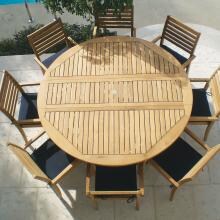 Avant 9 Piece Teak Patio Dining Set W/ 72 Inch Round Drop Leaf Table And Sunbrella Canvas Navy Cushions By Royal Teak Collection image