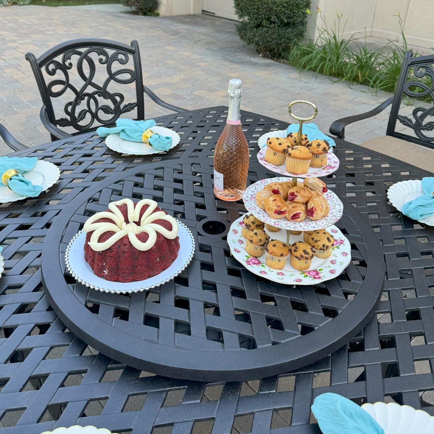 Darlee B/DL2052-10PCAR-30W3935 Santa Monica 10 Pc Cast Aluminum Swivel Rocker Dining Set in Antique Bronze - Lazy Susan in Use - Lifestyle thumbnail