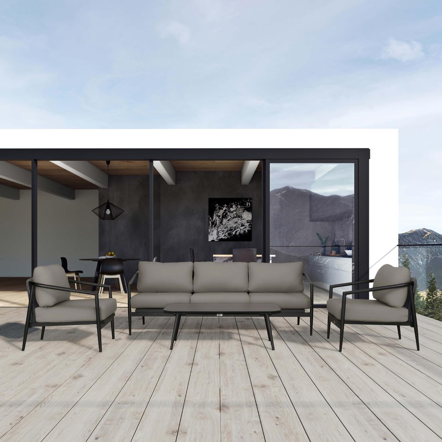 Lakeview Midnight Cove 4 Pc Aluminum Sofa Seating Set in Black/Carbon/Canvas Charcoal - Lifestyle thumbnail