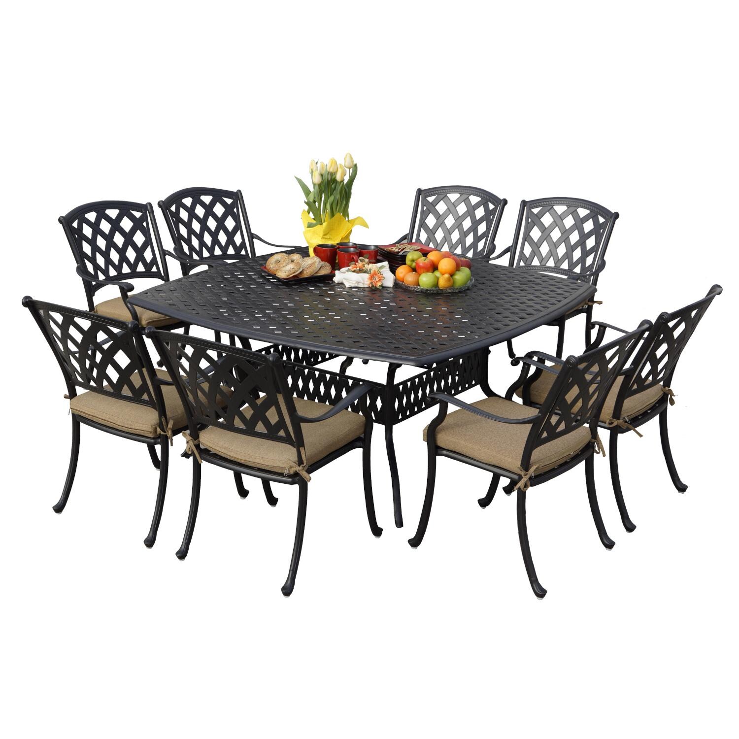 Darlee 201630-9PC-30W Ocean View 9 Piece Cast Aluminum Patio Dining Set W/ 64 Inch Square Table & Sesame Cushions - Lifestyle