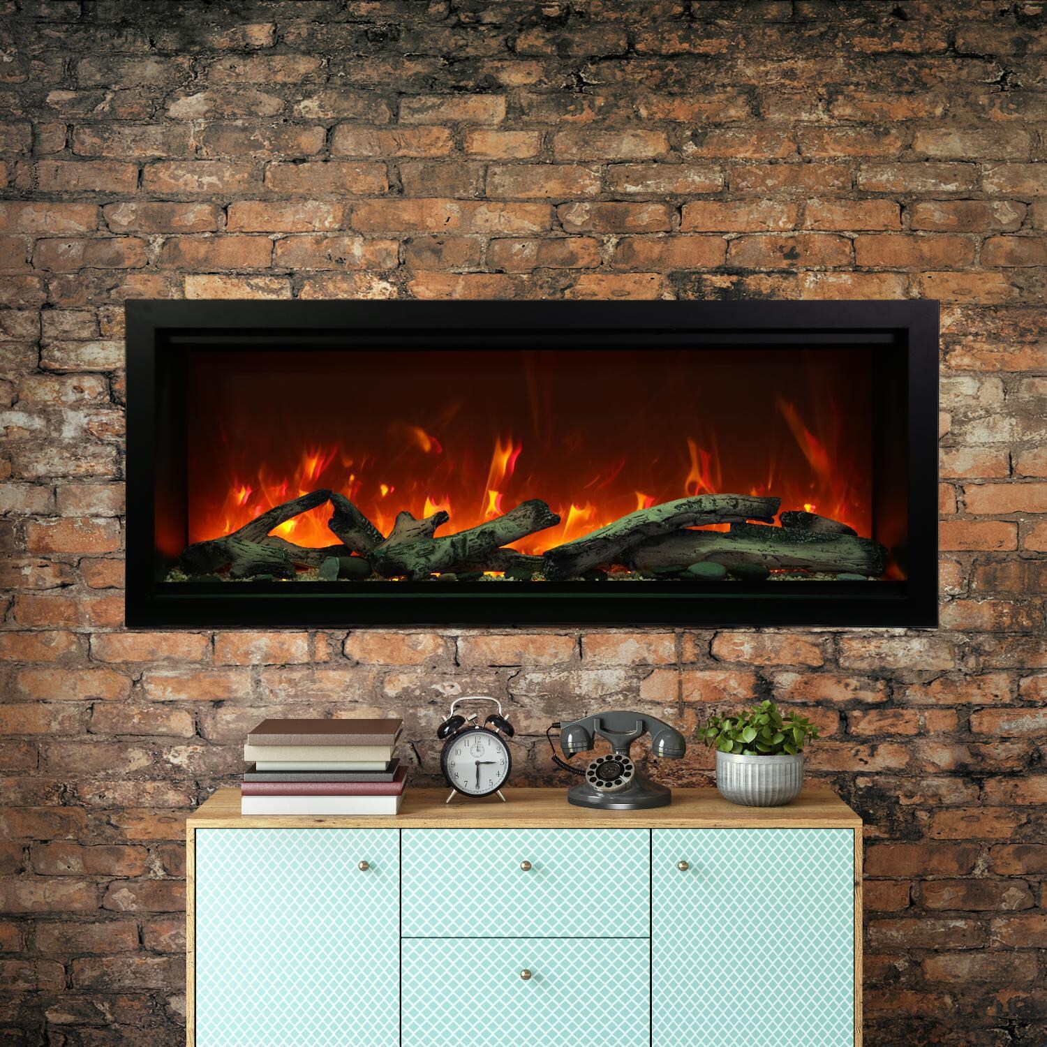 Amantii Symmetry Series Extra Tall 50" Built-in Electric Fireplace With Black Steel Surround - Driftwood Logs - Indoor/outdoor - Sym-50-xt