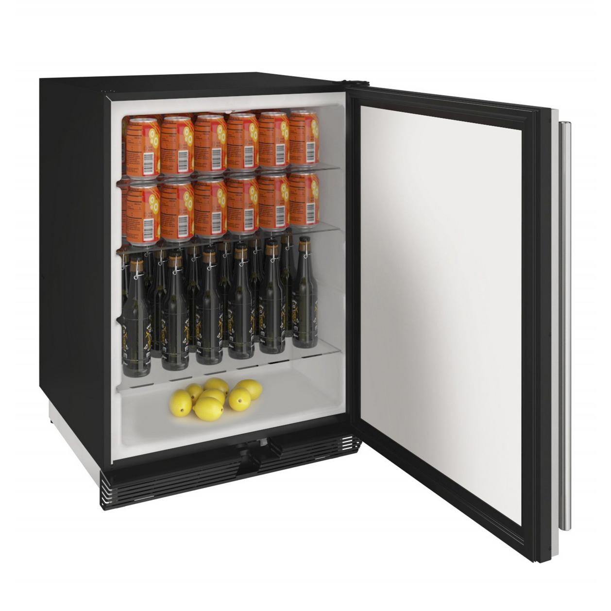U-Line 1000 Series 24-Inch 5.4 Cu. Ft. Built-In Compact Refrigerator With Analog Controls - Stainless Steel - Open View With Beverages thumbnail