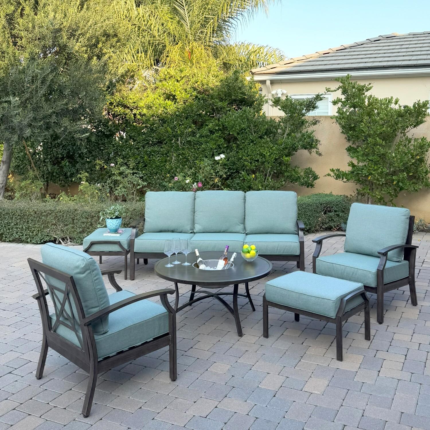 Atlantis 6 Pc Aluminum Seating Set w/ Sofa, 2 Club Chairs, 2 Ottomans & Ice Bucket in Walnut/Spa by Darlee - Hero - Lifestyle thumbnail