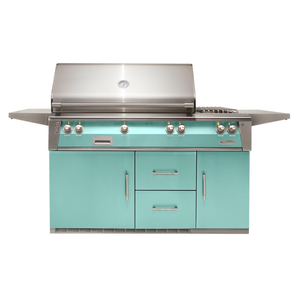 Alfresco ALXE-56SZR-NG-S6027 ALXE 56-Inch Freestanding Natural Gas Deluxe Grill On Refrigerated Cart With Sear Zone, Rotisserie, And Side Burner in Light Green - White Background thumbnail