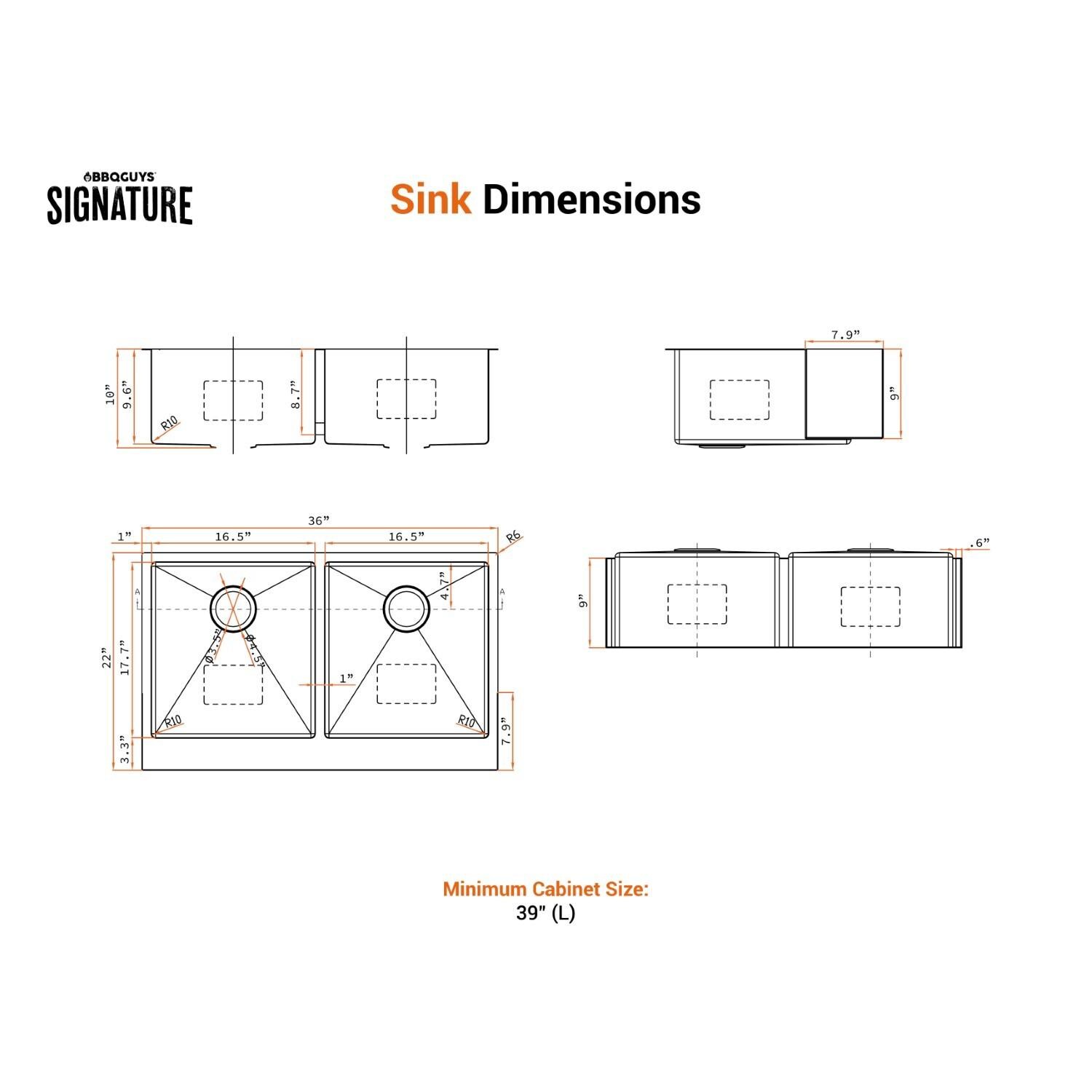 BBQGuys Signature Farmhouse Flat Apron Double Bowl Stainless Steel 36-Inch Sink W/Grids and Strainers - Dimensional thumbnail