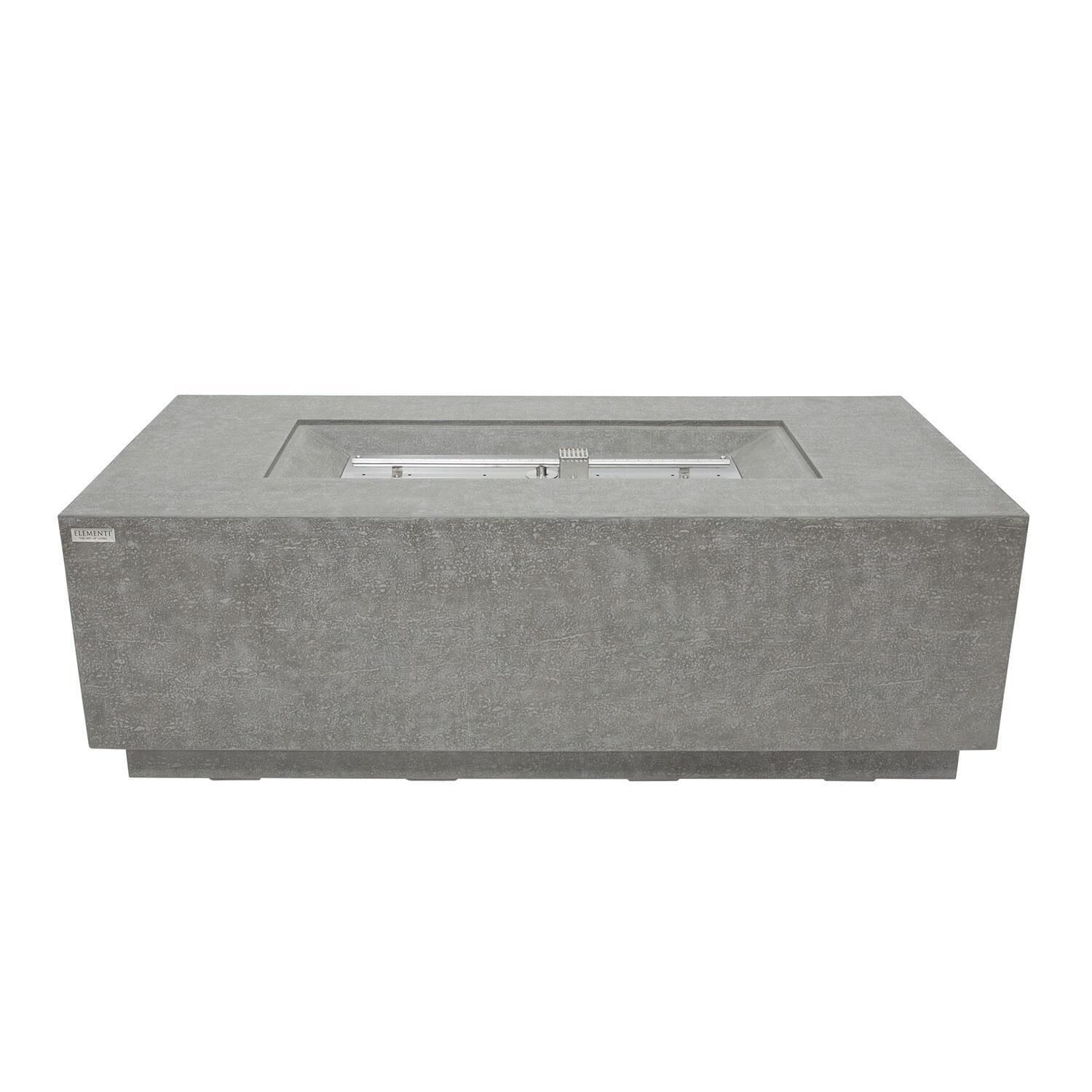 Andes 66 Inch Hidden Tank Rectangle GFRC Concrete Propane Fire Table in Light Gray By Elementi - No Lava Rocks - White Background thumbnail