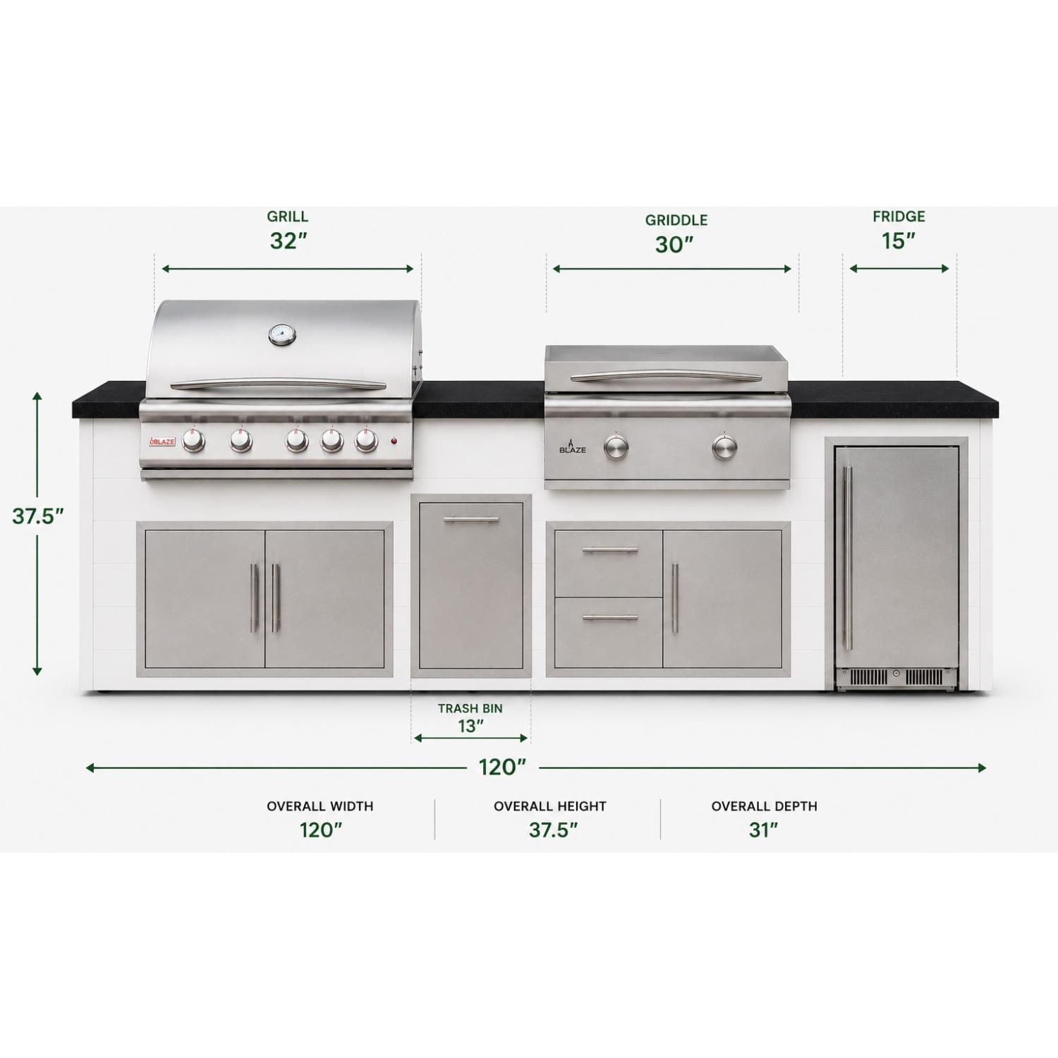 BBQGuys Signature 10 Ft Grill Island w/ 32-in Propane Blaze LTE+ Grill & Griddle, Narrow Trash Bin & Door & Drawer | Crystal White w/ Nero Mist Granite - Front - Dimensional thumbnail