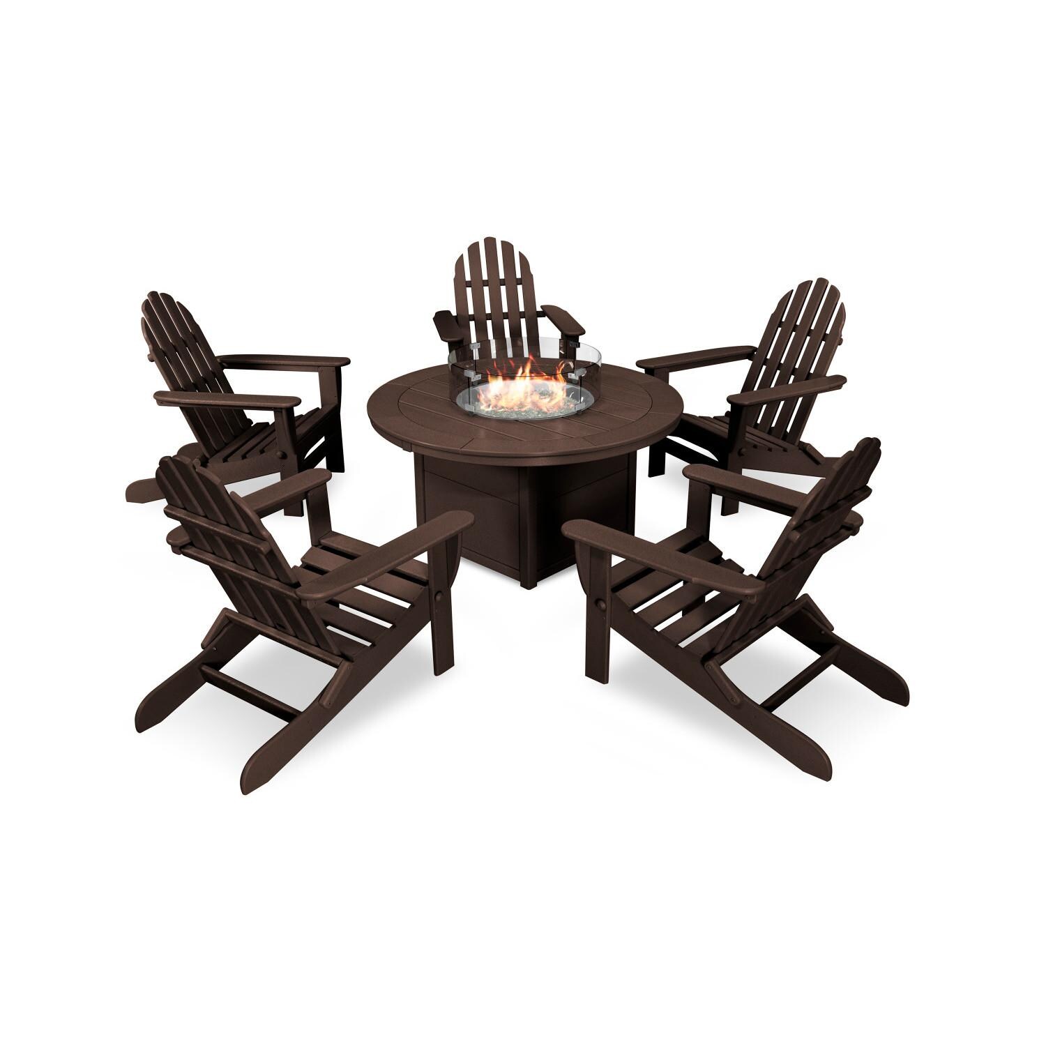 Classic Adirondack 6 Pc Recycled Plastic Fire Pit Seating Set in Mahogany by POLYWOOD