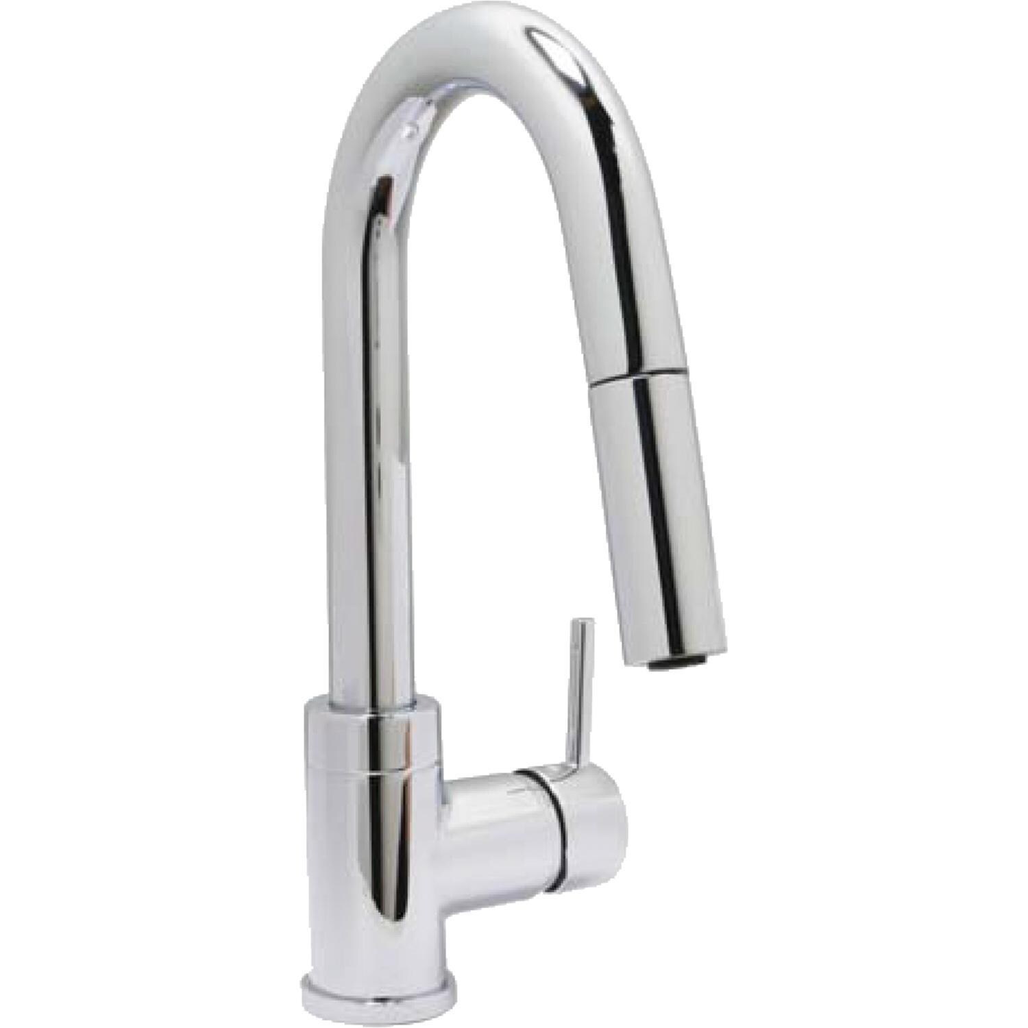 Huntington Brass R-ZS-600 + GD-144 + HBK1823301-J + LI-XD Urban Place Radial 24 X 19 Stainless Steel Outdoor Sink with Huntington Brass Dual Spray European Style Pull Down Faucet, Grid and Strainer Basket - Faucet - White Background thumbnail