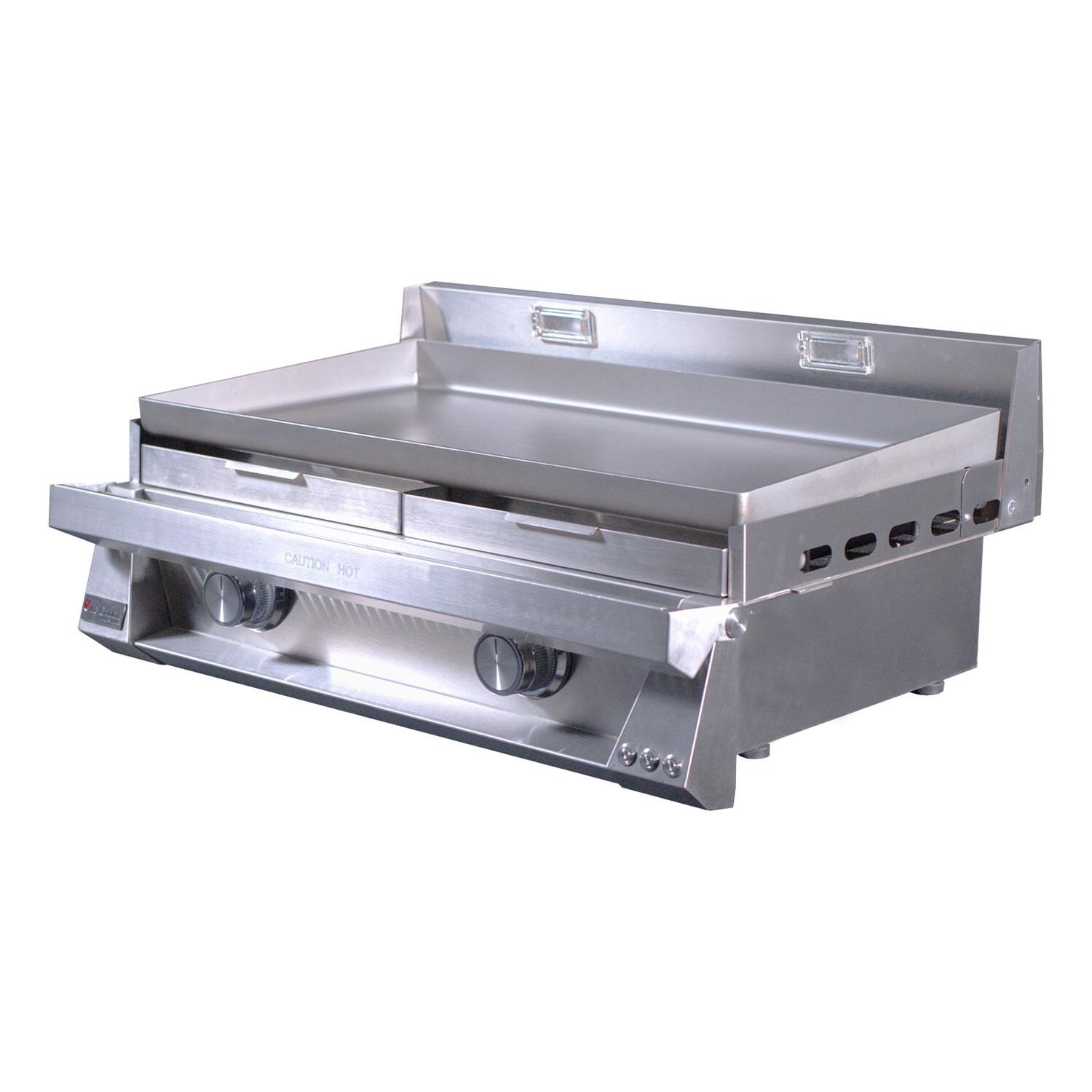 Le Griddle OML75P6 LP Pro Series 75 2 Burner Built-In Propane Flat Top Grill w/ 6mm Plate - Grease Disposal Trays Inserted - Off - White Background thumbnail