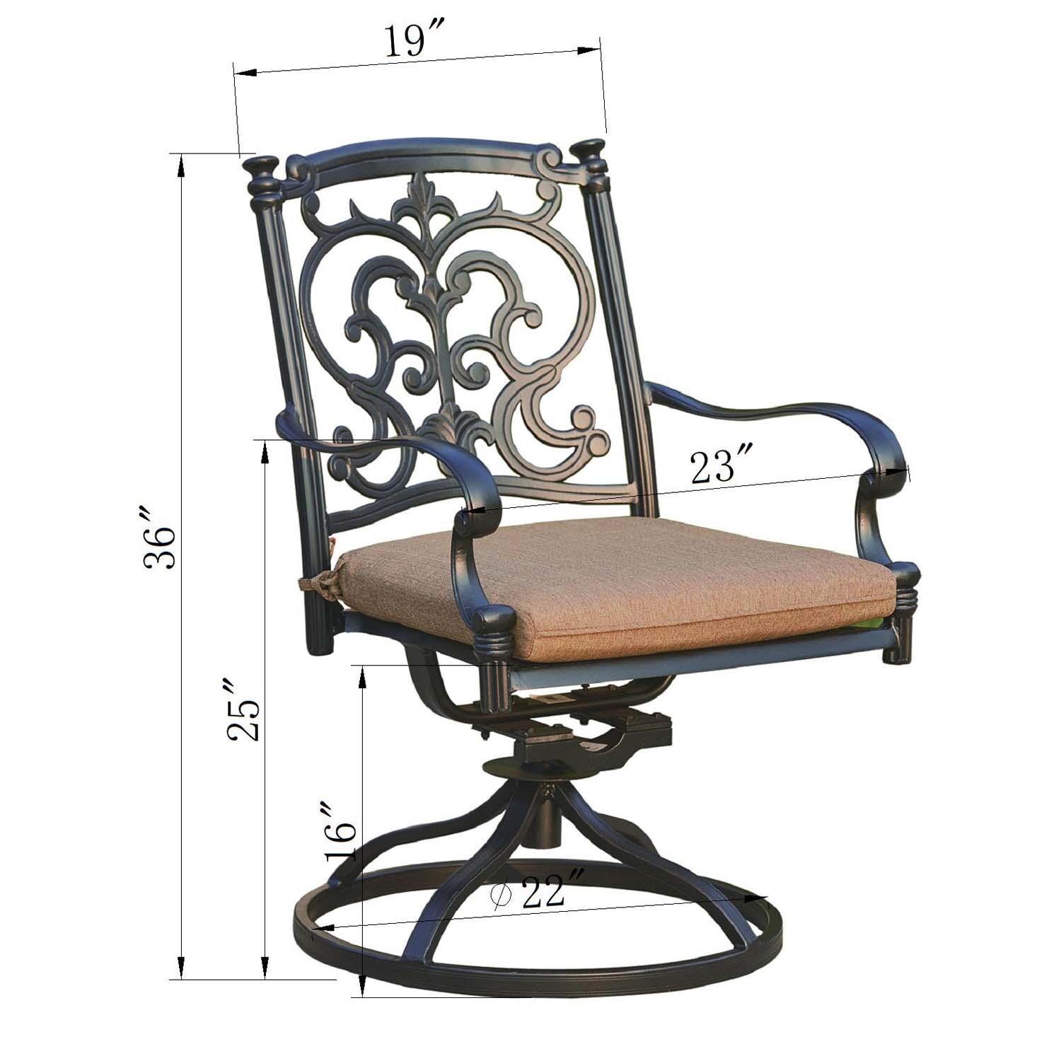 Santa Barbara 7 Pc Cast Aluminum Swivel / Rocker Dining Set in Antique Bronze/Sesame by Darlee - Swivel Rocker - Dimensional thumbnail