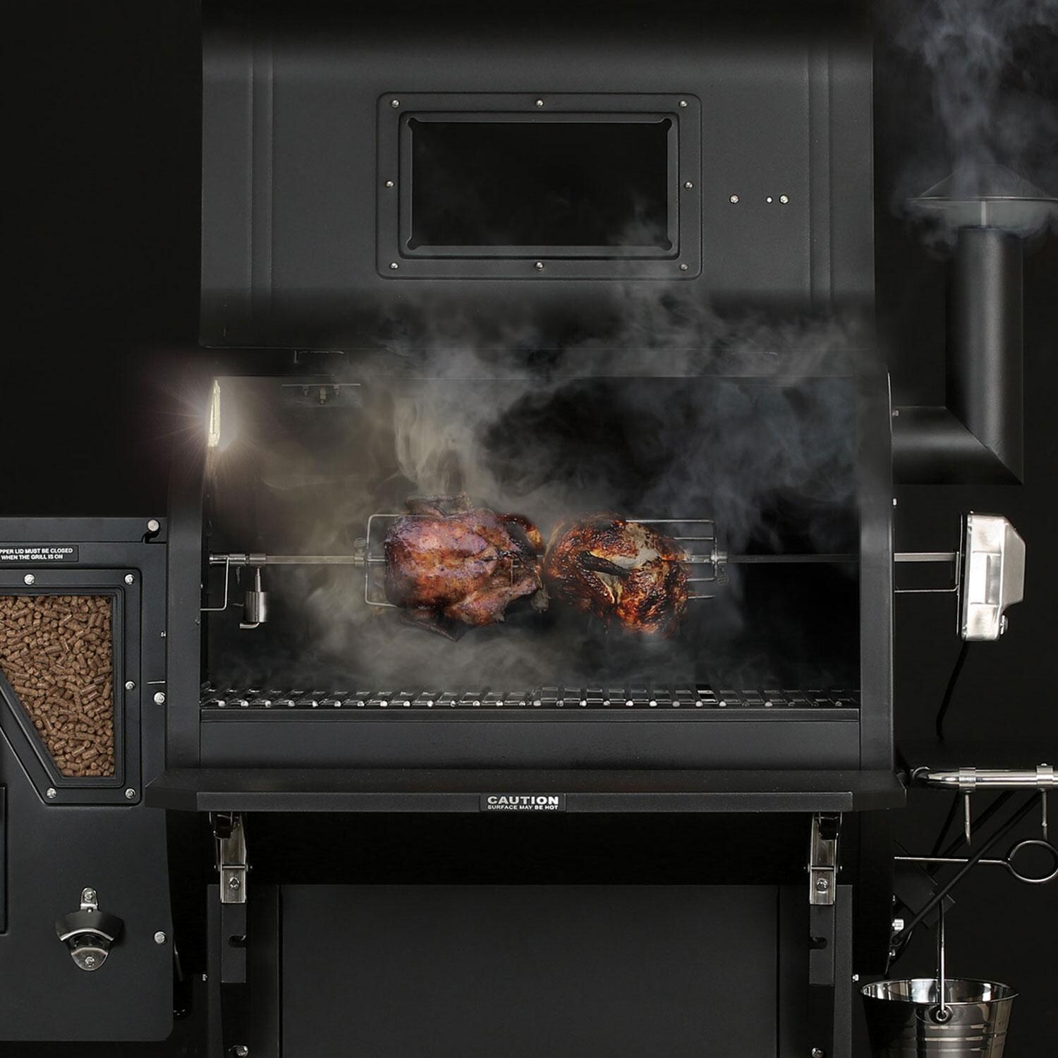 Green Mountain Grills GMG-6038 Rotisserie Kit For Ledge & Daniel Boone Grills - In Use thumbnail