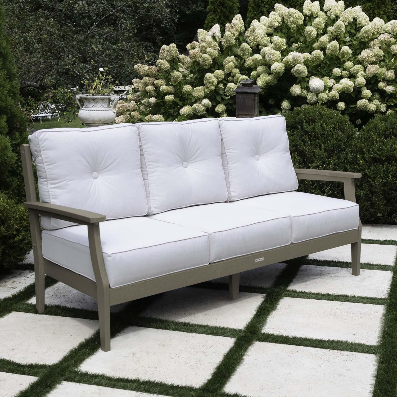 Blushing Bay 3 Person Recycled Plastic Sofa in Bliss Linen/Woodland Brown by Lakeview Outdoor Designs - Left Angled - Lifestyle thumbnail