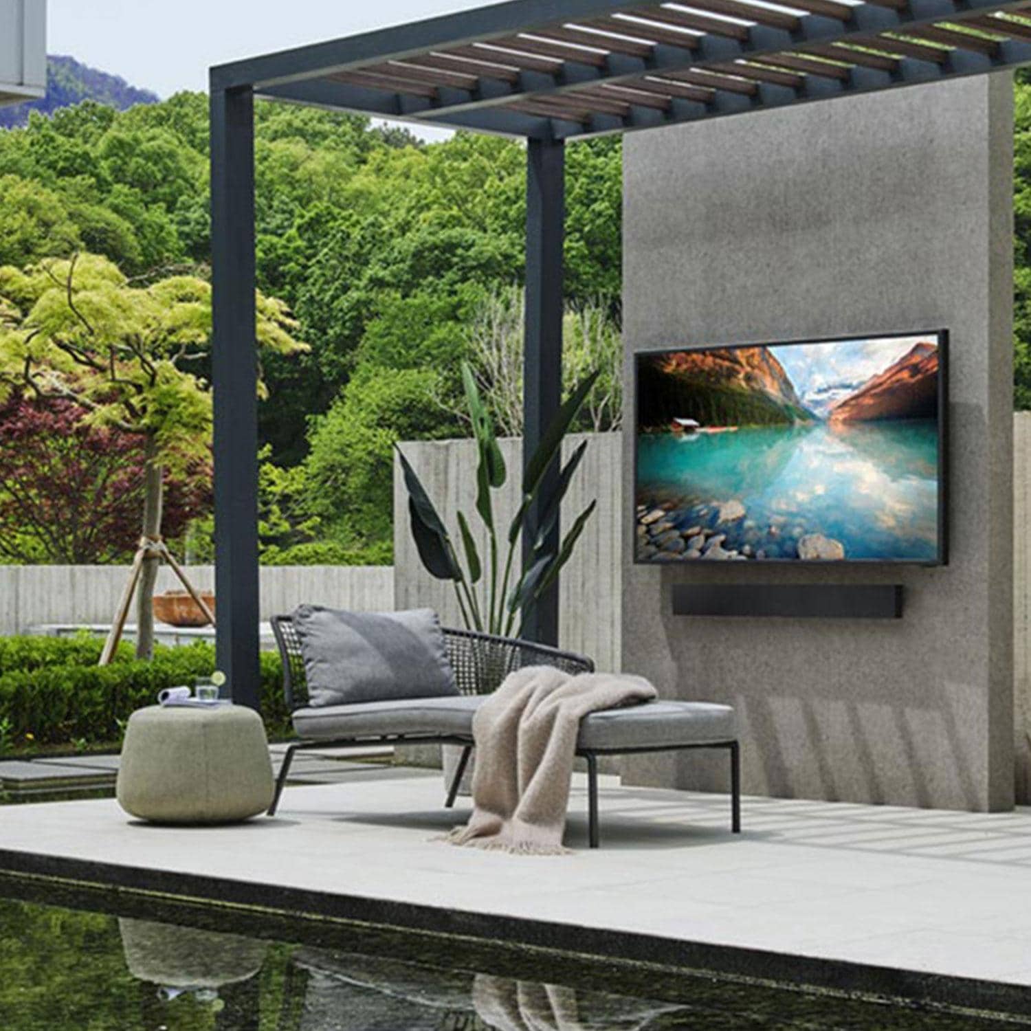 Samsung QN75LST7DAFXZA 75-in Class LST7D The Terrace Partial Sun Neo QLED 4K Smart Tizen TV - By The Pool - Lifestyle thumbnail