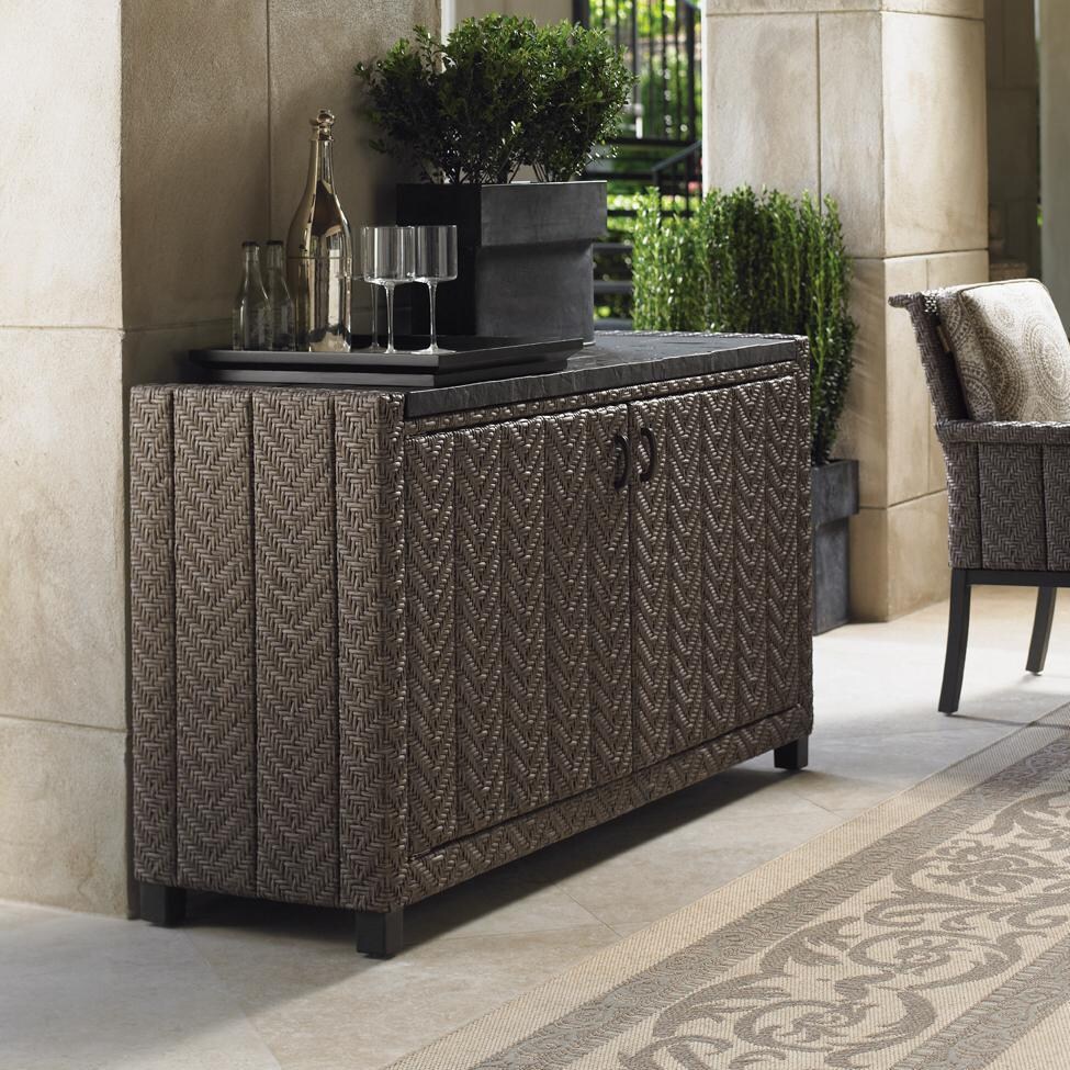 Blue Olive 60 X 18 Inch Rectangular All Weather Wicker Patio Buffet Table W/ Weatherstone Top By Tommy Bahama