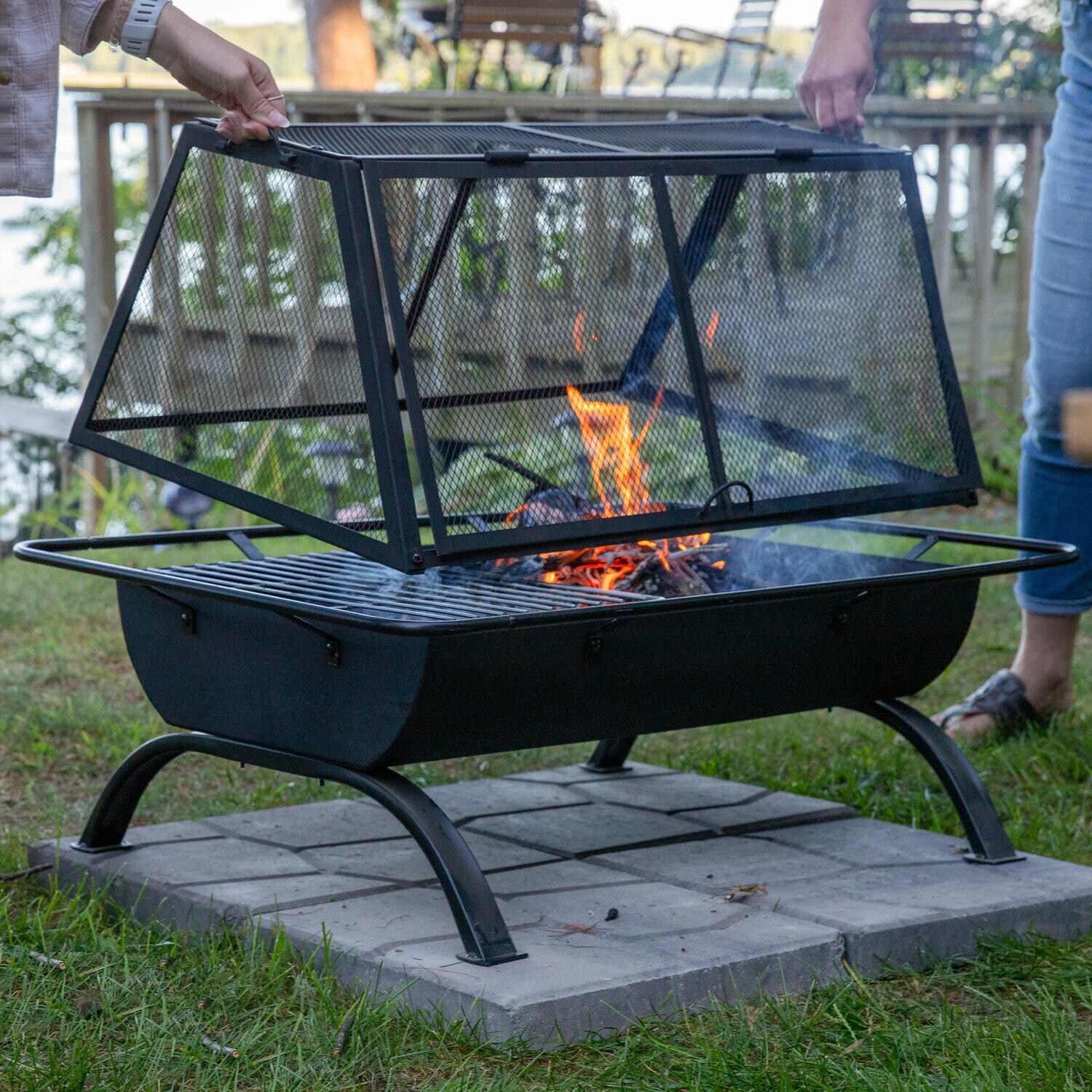 Ultimate Patio NB-NW201 36 Inch Rectangular Steel Wood-Burning Fire Pit in Black - Flame Through Spark Screen - Detail thumbnail