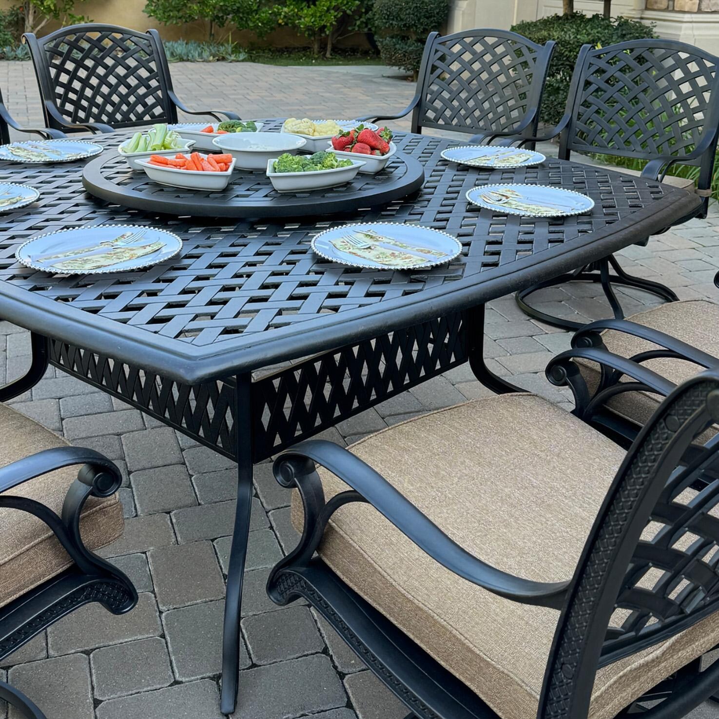 Darlee B/DL13-10PCAR-30W3930-S Nassau 10 Pc Cast Aluminum Dining Set in Antique Bronze w/ Sesame Cushions - Table Angle - Lifestyle thumbnail