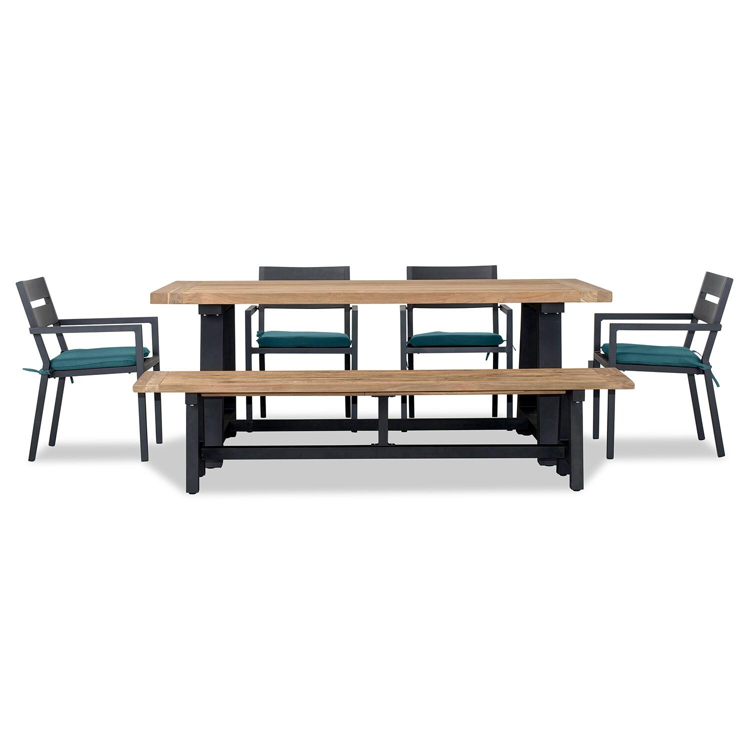 Calm Bay Mill 7 Pc Reclaimed Teak Dining Set w/ Bench in Black/Spectrum Peacock by Lakeview - White Background 3 thumbnail