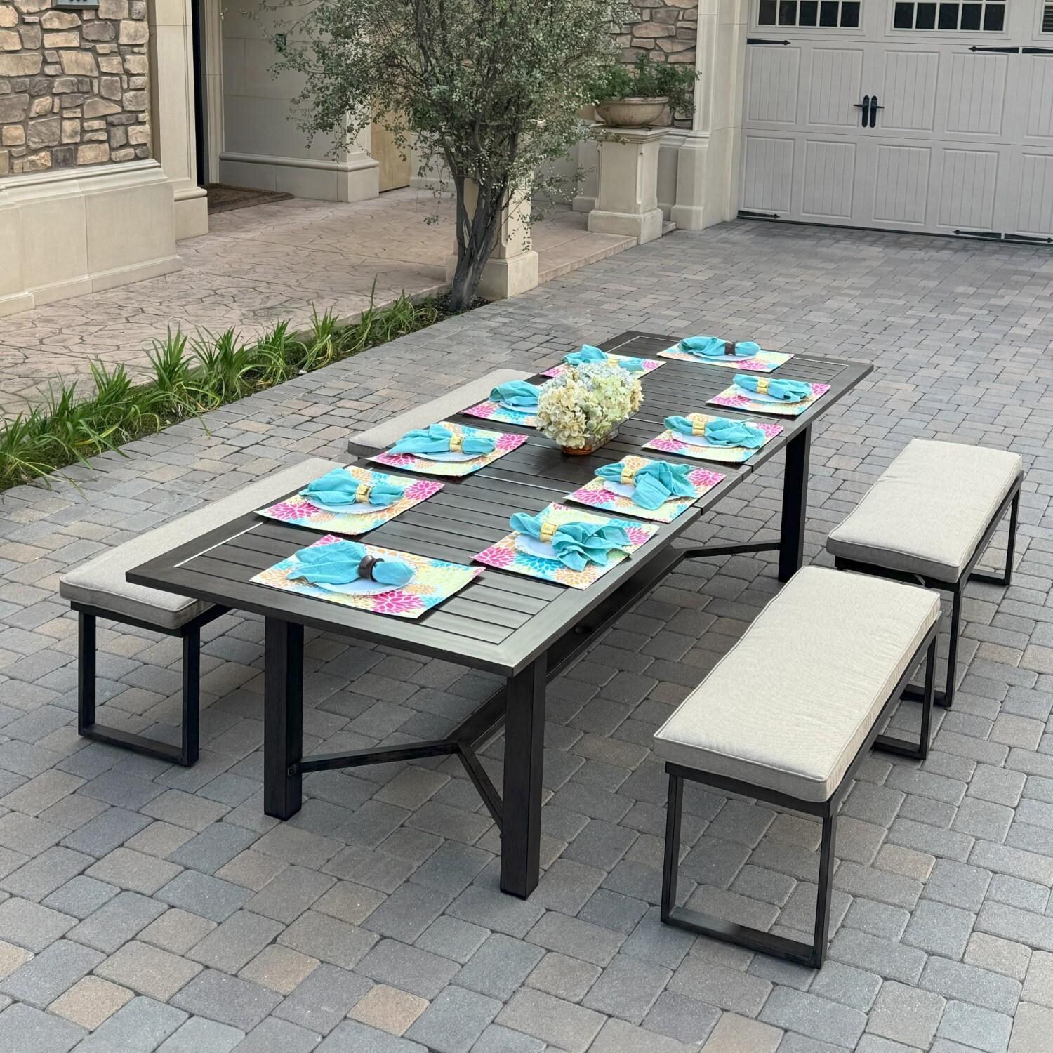 Atlantis 5 Pc Aluminum Dining Set w/ 4 Two Person Benches & Extension Table in Walnut/Beige by Darlee - On Patio - Lifestyle thumbnail