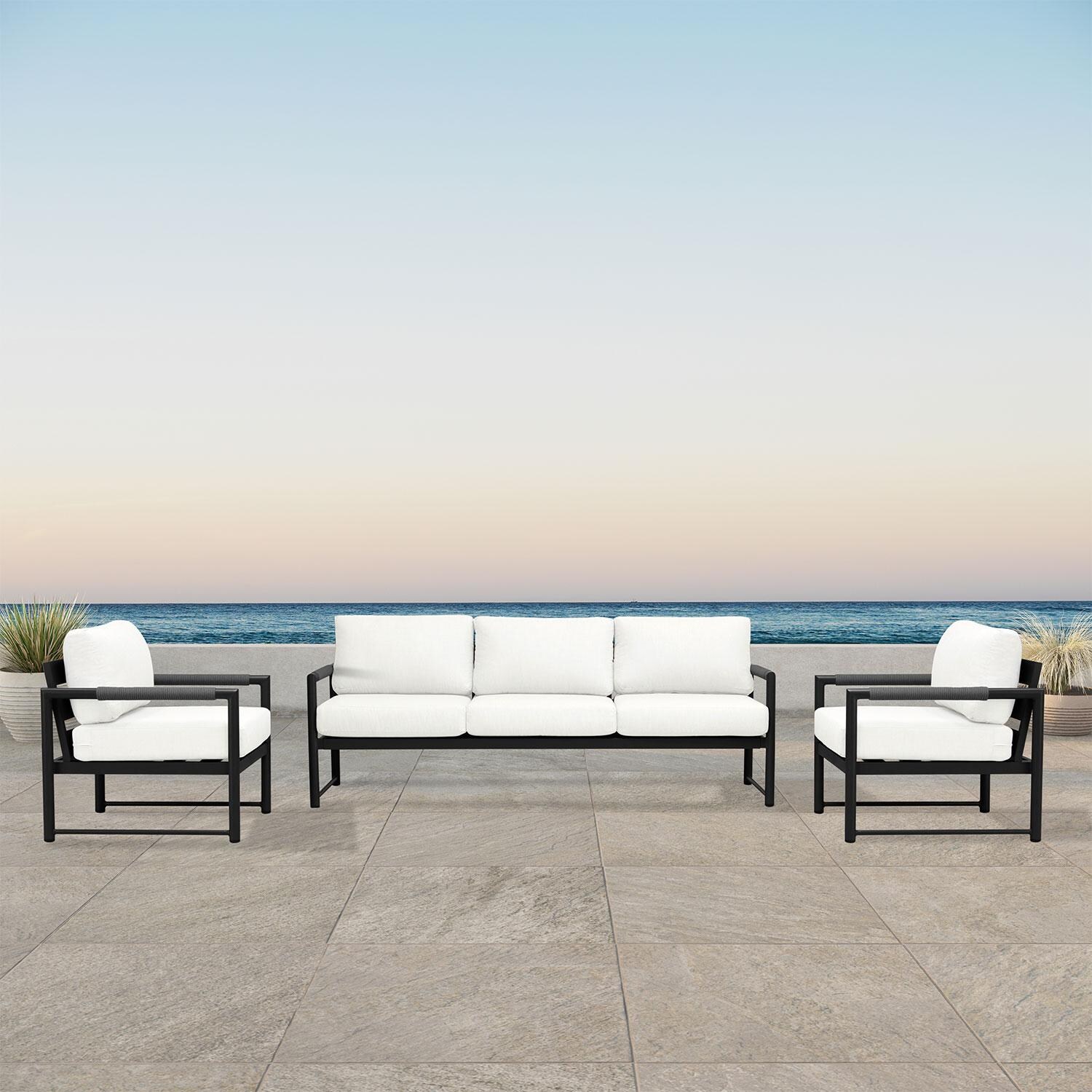Avenue Bay 3 Pc Aluminum Sofa Club Chair Set in Black/Canvas Natural by Lakeview Outdoor Designs