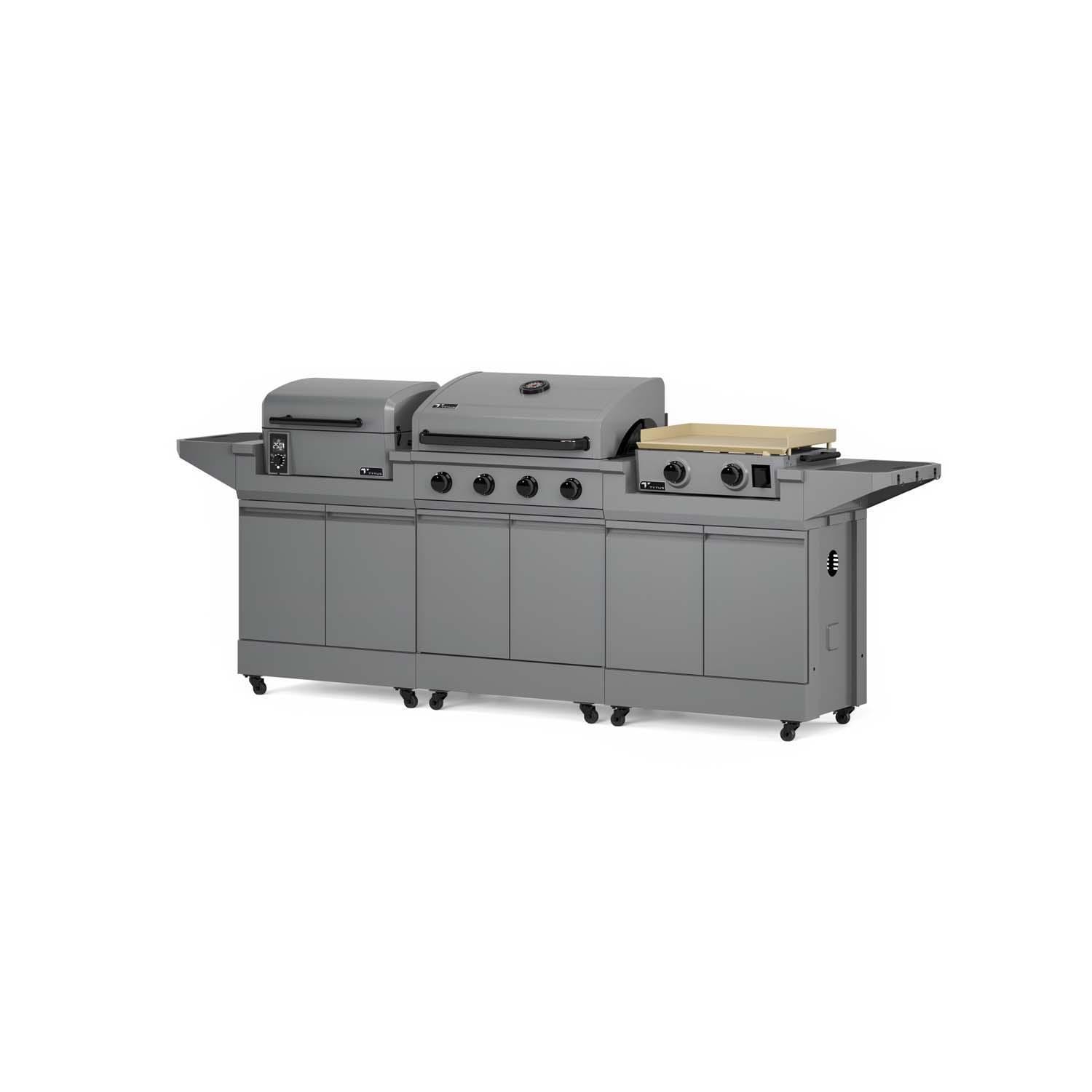 TYTUS TDT-BUN-009 Modular Trio w/ 32 Inch Propane Gas Grill, Pellet Smoker & Propane Gas Griddle - Left Angled View - White Background thumbnail