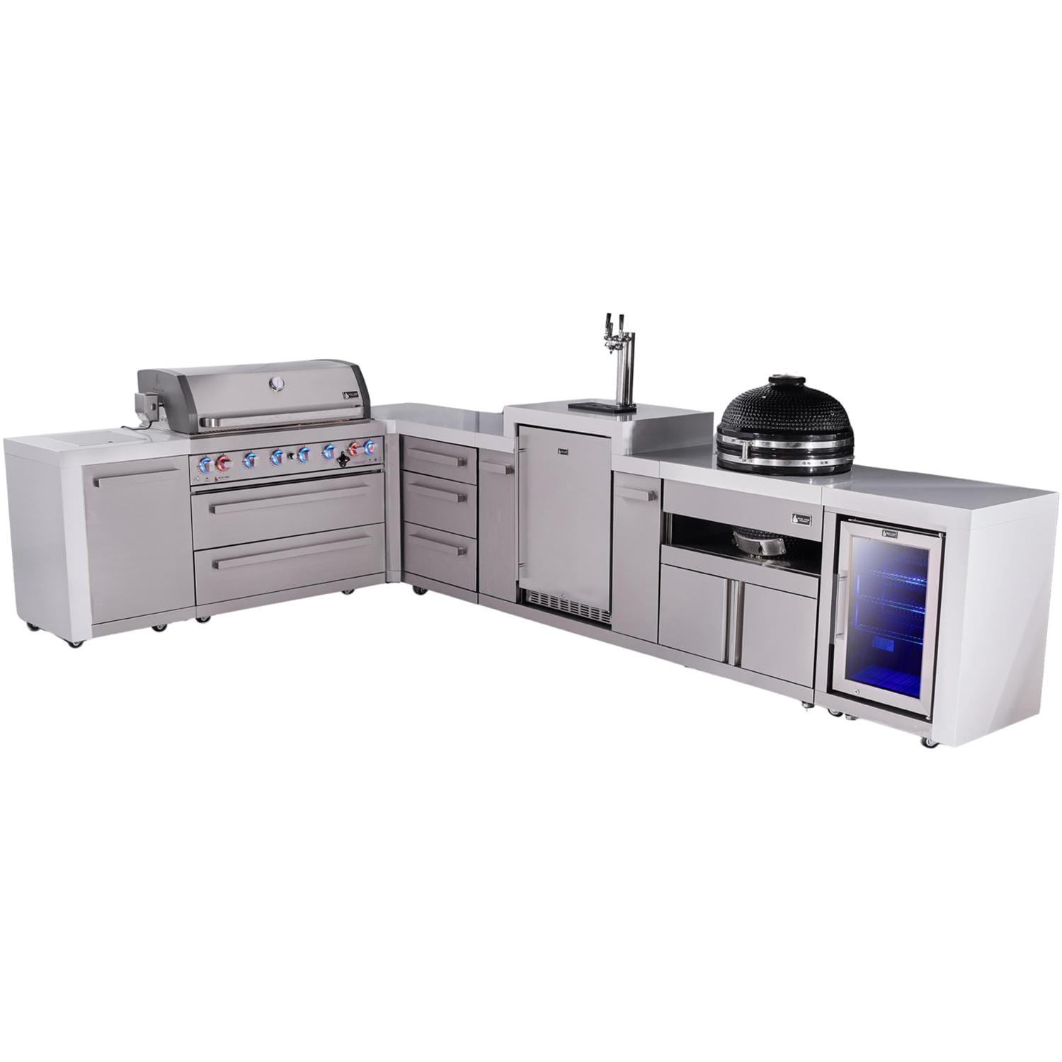 Mont Alpi Deluxe Series 13 Ft L-Shaped Natural Gas Outdoor Kitchen Island w/ 44-in Grill, Side Burner, Kegerator, Fridge, Kamado Module & Triple Drawer (Ships Propane w/ Conversion Kit) - Island - White Background thumbnail