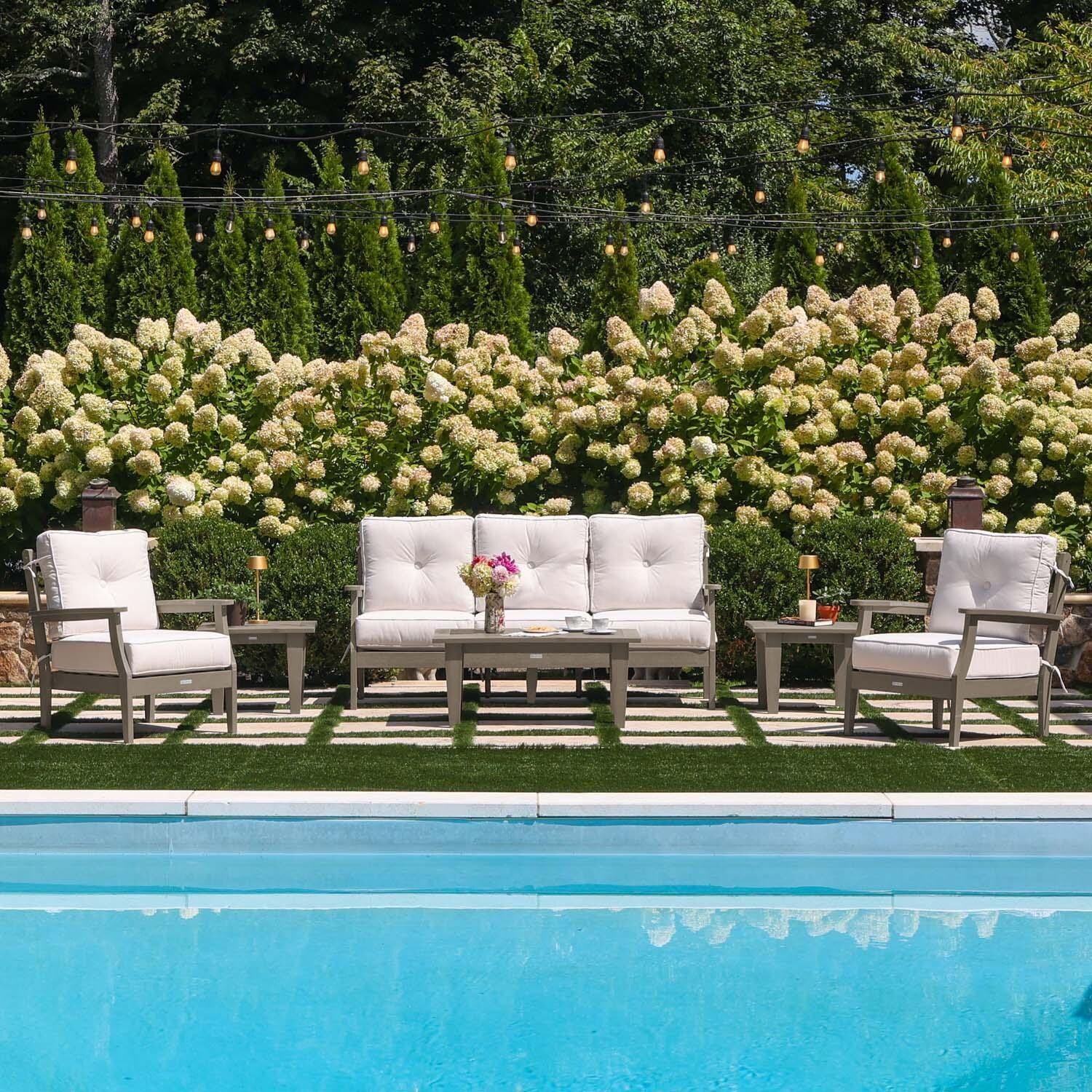 Blushing Bay 6 Pc Recycled Plastic Seating Set w/ Sofa in Bliss Linen/Woodland Brown by Lakeview Outdoor Designs - By the Pool - Lifestyle thumbnail