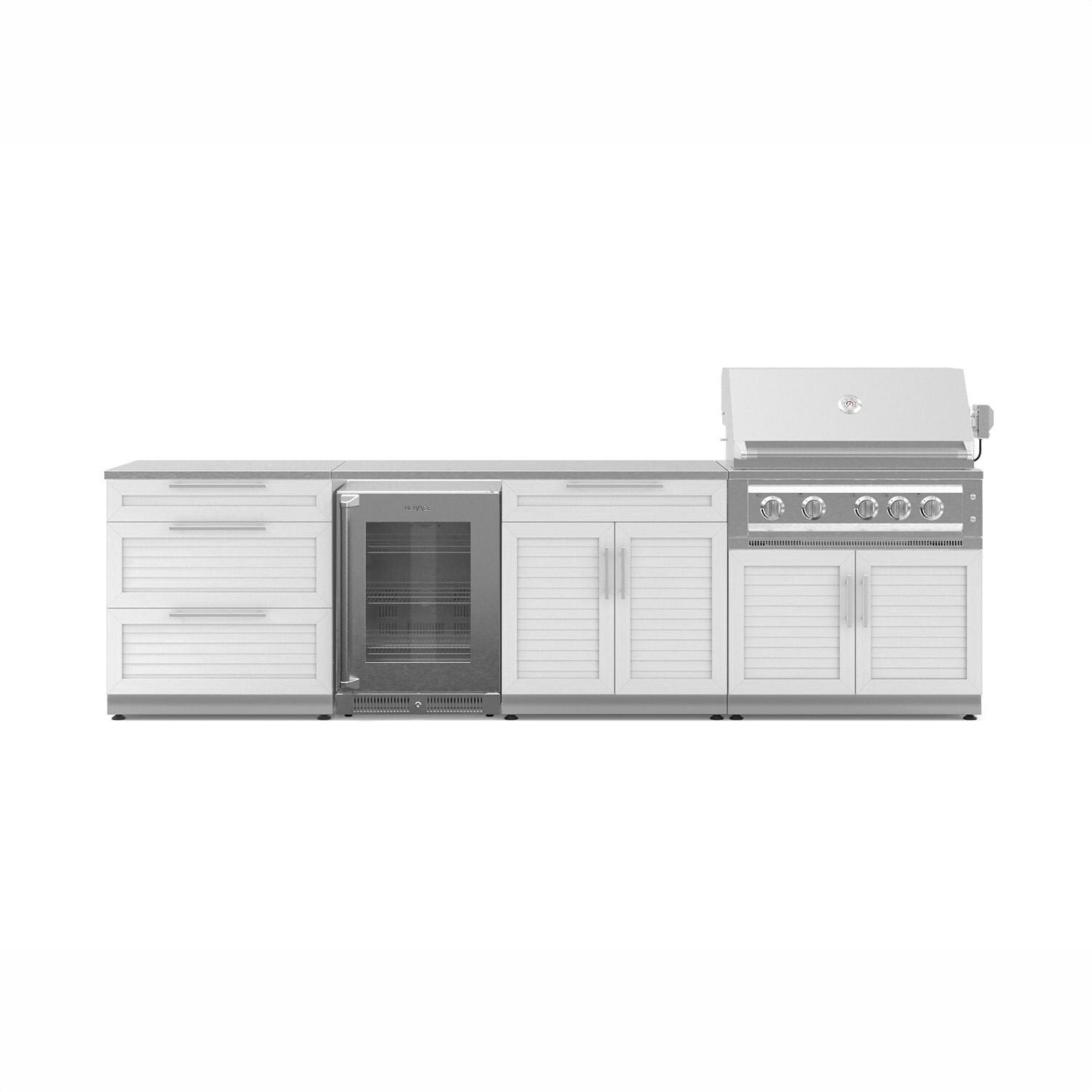 NewAge Products 71438 Classic Series 10 1/2 Ft Outdoor Kitchen Island w/ 36-in Natural Gas Grill, Glass Door Refrigerator, Trash Bin, Door & Drawer in White/Stainless Steel - Island - White Background thumbnail