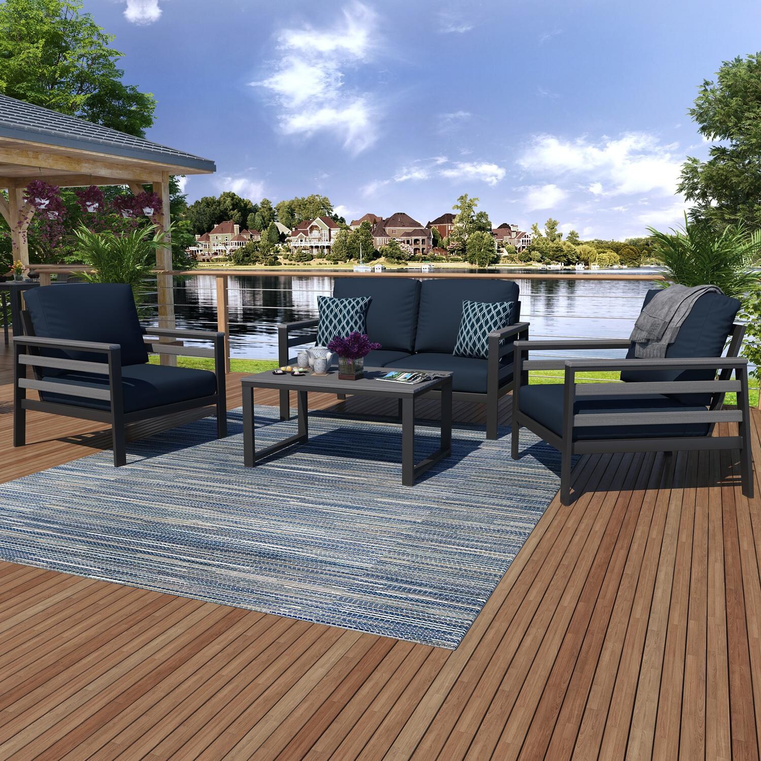 Oasis Bay 6 Pc Aluminum Seating Set w/ Slat Side Panels in Gray/Canvas Navy by Lakeview Outdoor Designs