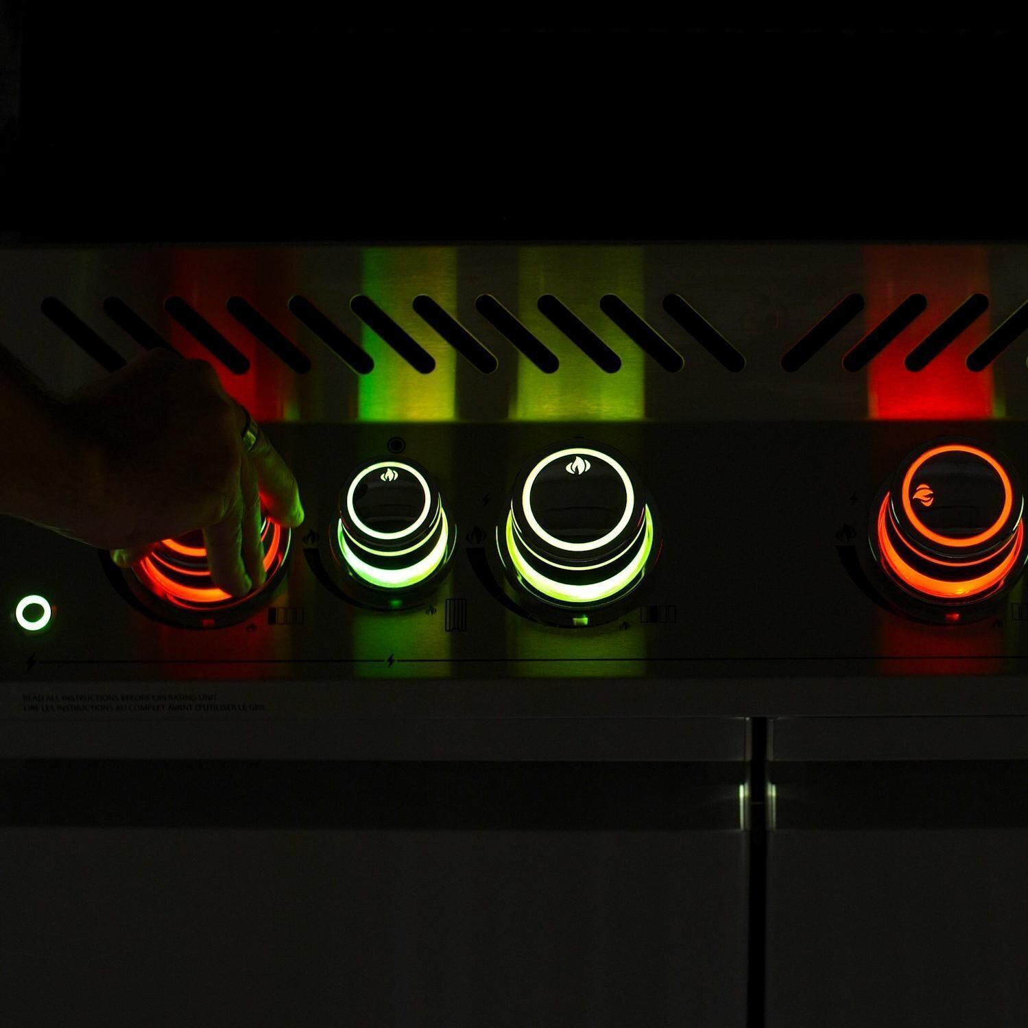 Napoleon PRO500RSIBNSS-3 Prestige PRO 500 Natural Gas Grill with Infrared Rear Burner and Infrared Side Burners (2019) - In-Use Burner Knobs Glow Red - Detail thumbnail