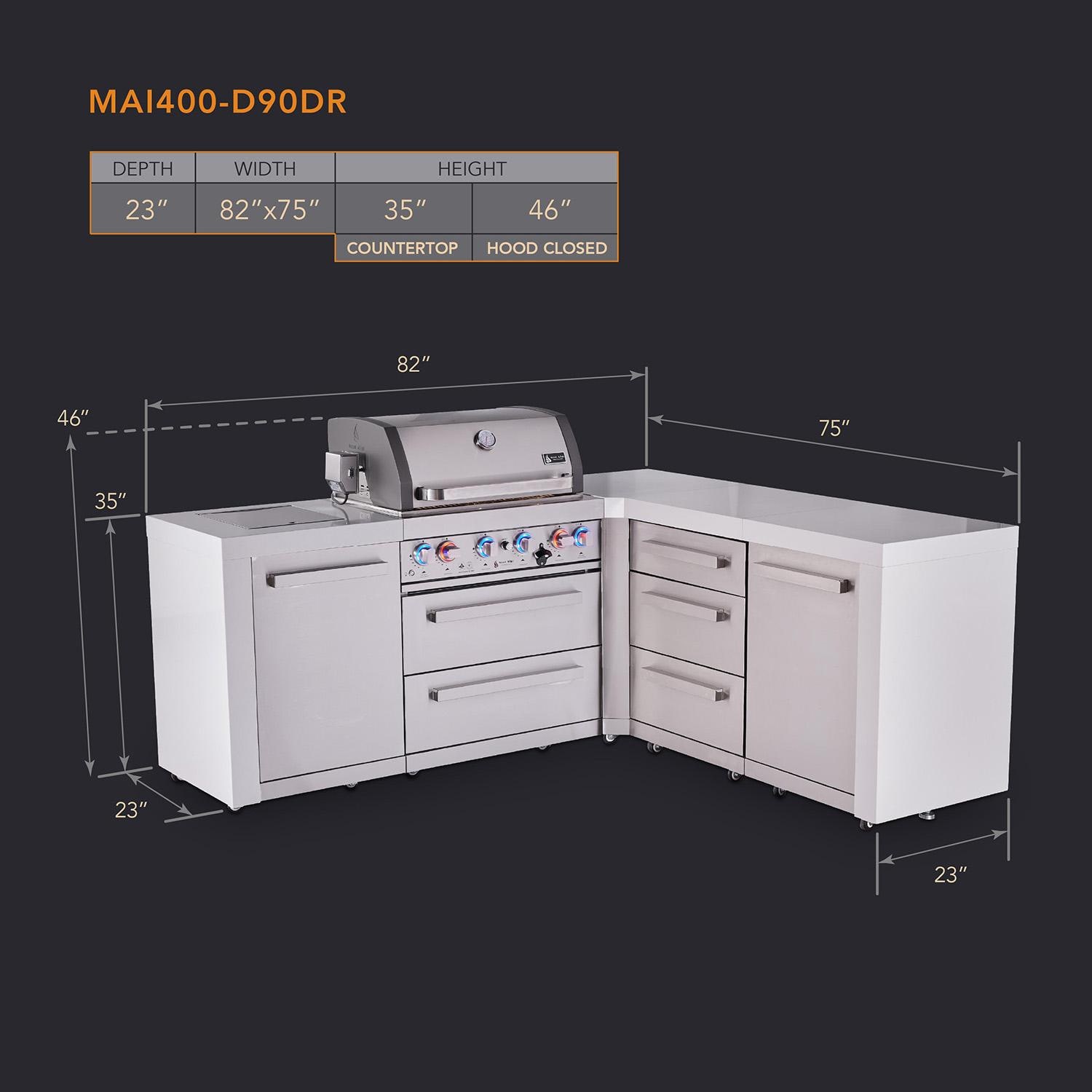 Mont Alpi Deluxe Series 7 Ft L-Shaped Natural Gas Outdoor Kitchen Island w/ 32-in Grill, Side Burner & Triple Drawer (Ships Propane w/ Conversion Kit) - Dimensions - Dimensional thumbnail