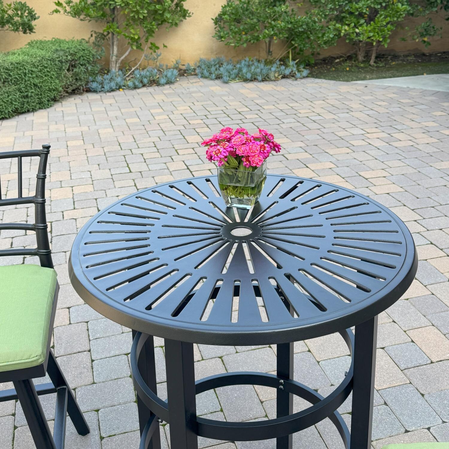 Bella Aluminum 3 Pc Patio Bar Set w/ 30-in Round Counter Height Bar Table in Green by Darlee - Bar Table - Top View - Lifestyle thumbnail